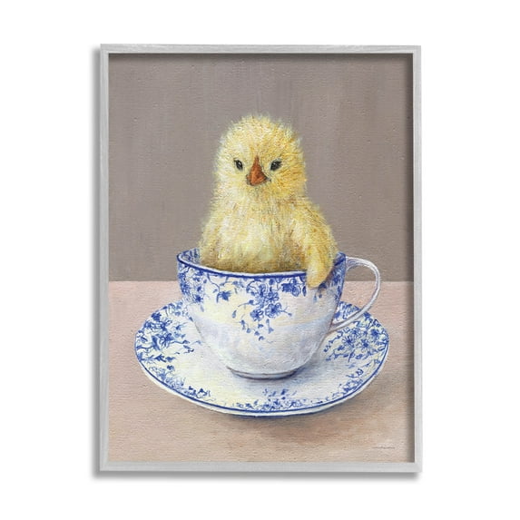 Stupell Industries Baby Chick Ornate Teacup Mug Painting Gray Framed Art Print Wall Art, Design by Kamdon Kreations