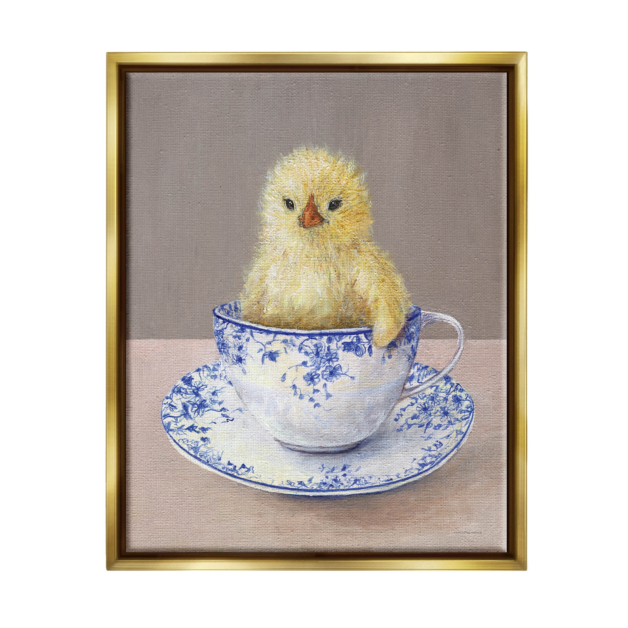 Stupell Industries Baby Chick Ornate Teacup Mug Painting Metallic Gold Floating Framed Canvas Print Wall Art, Design by Kamdon Kreations