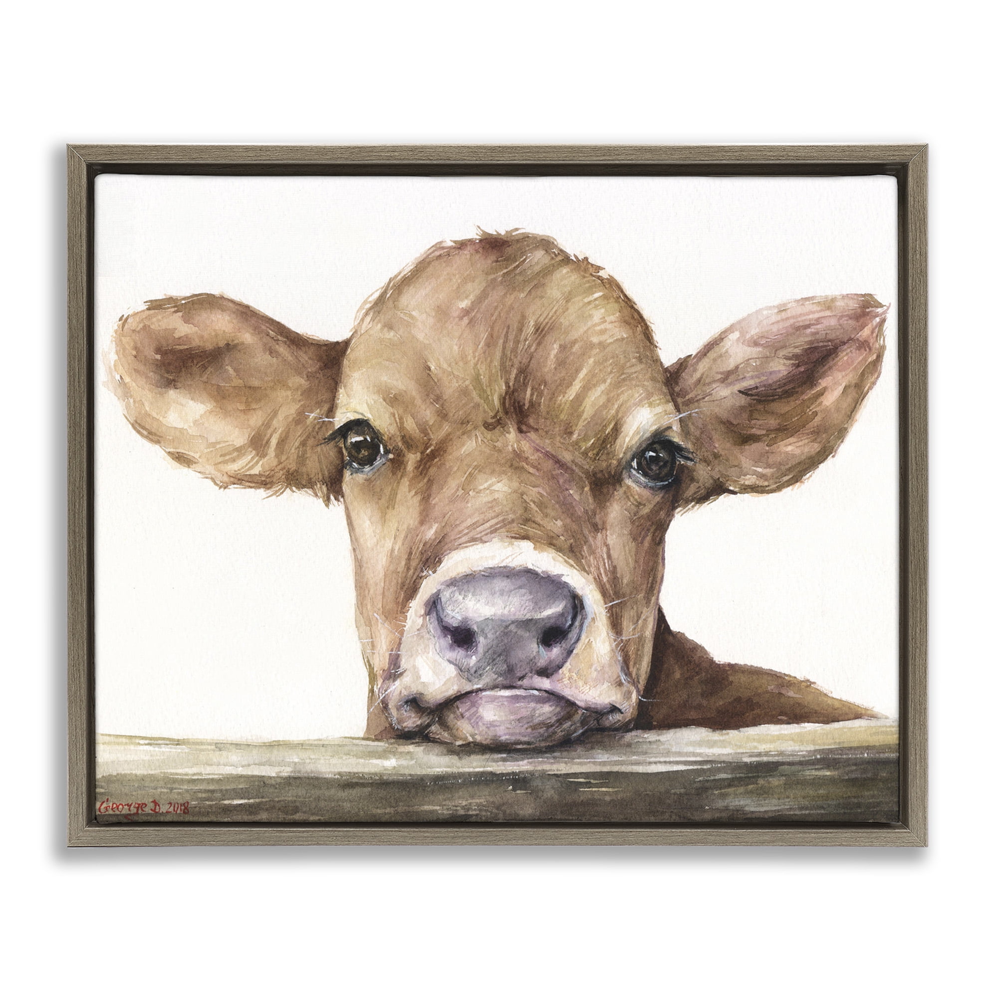 Stupell Industries Baby Cow Animal Watercolor Animals & Insects Painting Brown Floater Framed Canvas Art Print Wall Art, 31 x 25