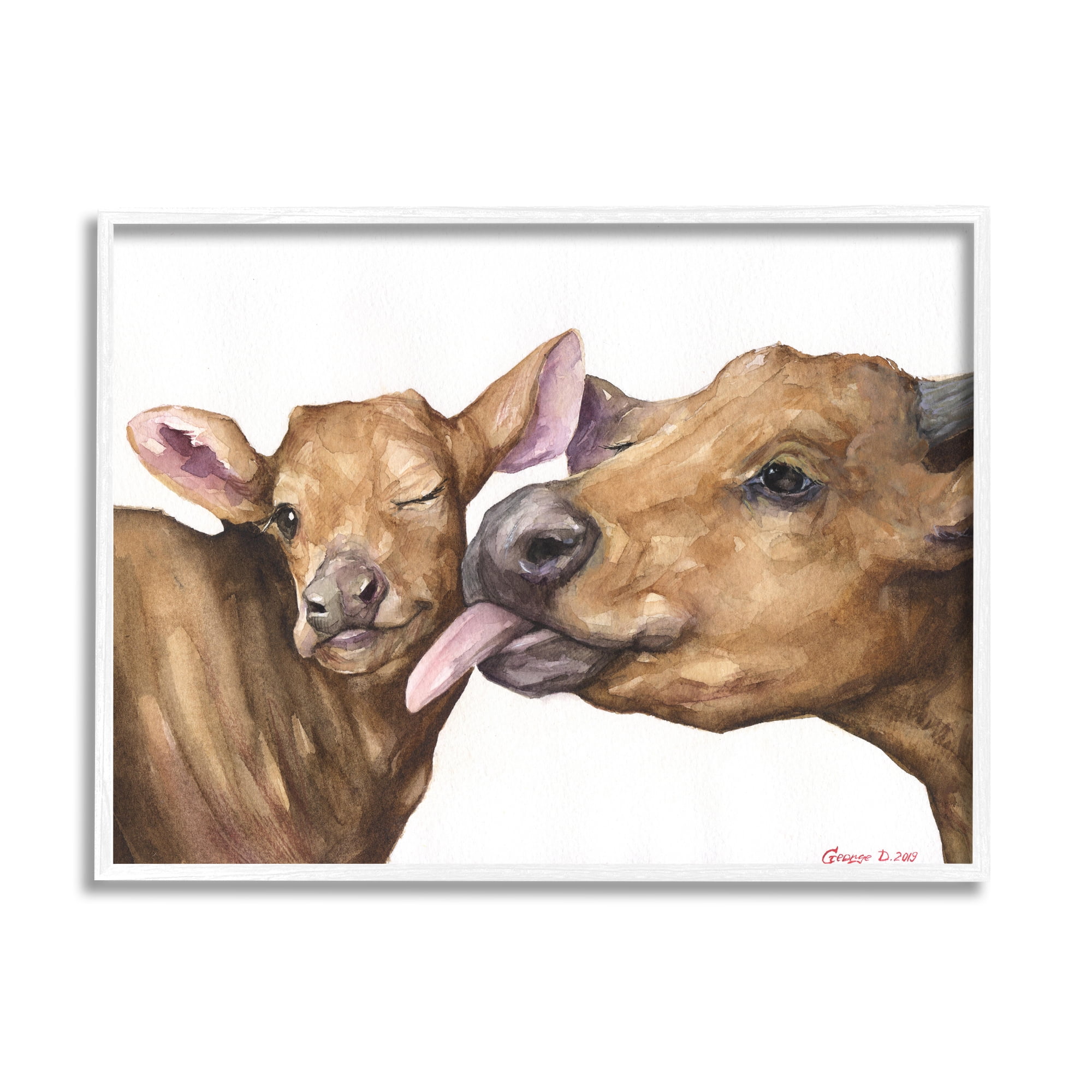 Stupell Industries Baby Cow Family Animal Watercolor Painting Framed Art Print Wall Art, 20x16, By George Dyachenko