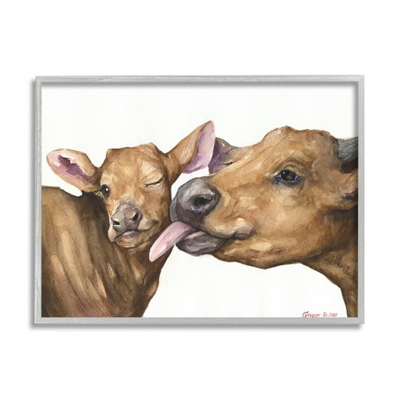 Stupell Industries Baby Cow Family Animal Watercolor Painting Framed Art Print Wall Art, 30x24, By George Dyachenko