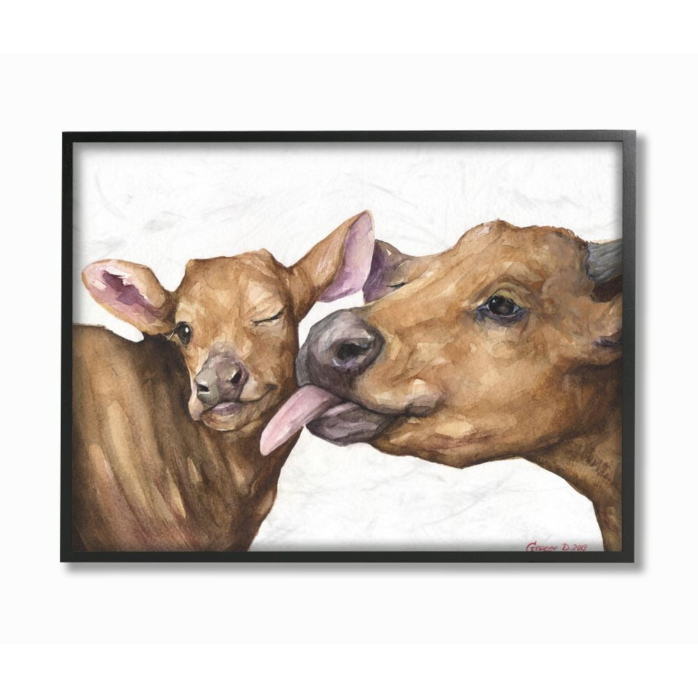 Stupell Industries Baby Cow Family Animal Watercolor Painting Framed Giclee Texturized Art by George Dyachenko