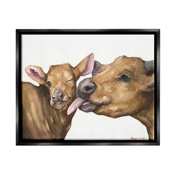 Stupell Industries Baby Cow Family Animal Watercolor Painting Jet Black Framed Floating Canvas Wall Art, 16x20, by George Dyachenko