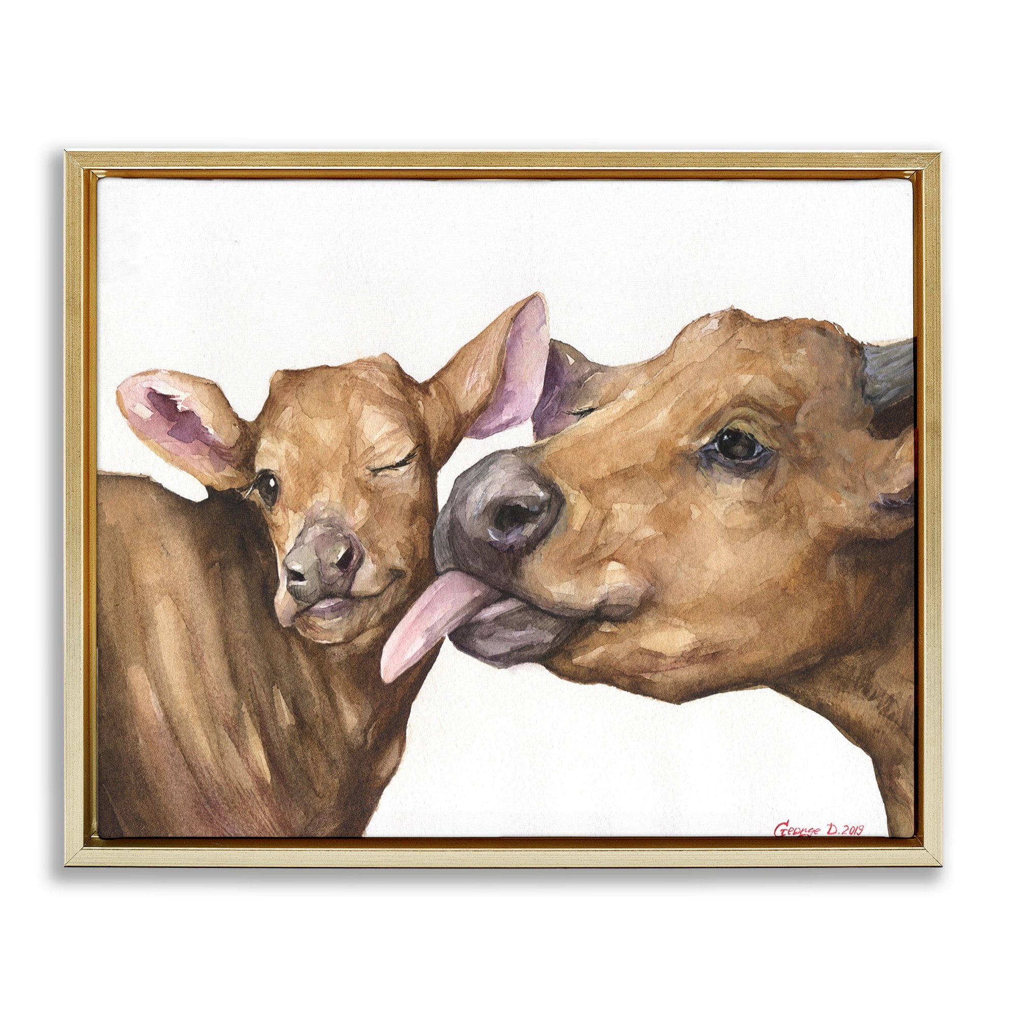 Stupell Industries Baby Cow Family Animal Watercolor Painting Metallic Gold Framed Floating Canvas Wall Art, 16x20, by George Dyachenko