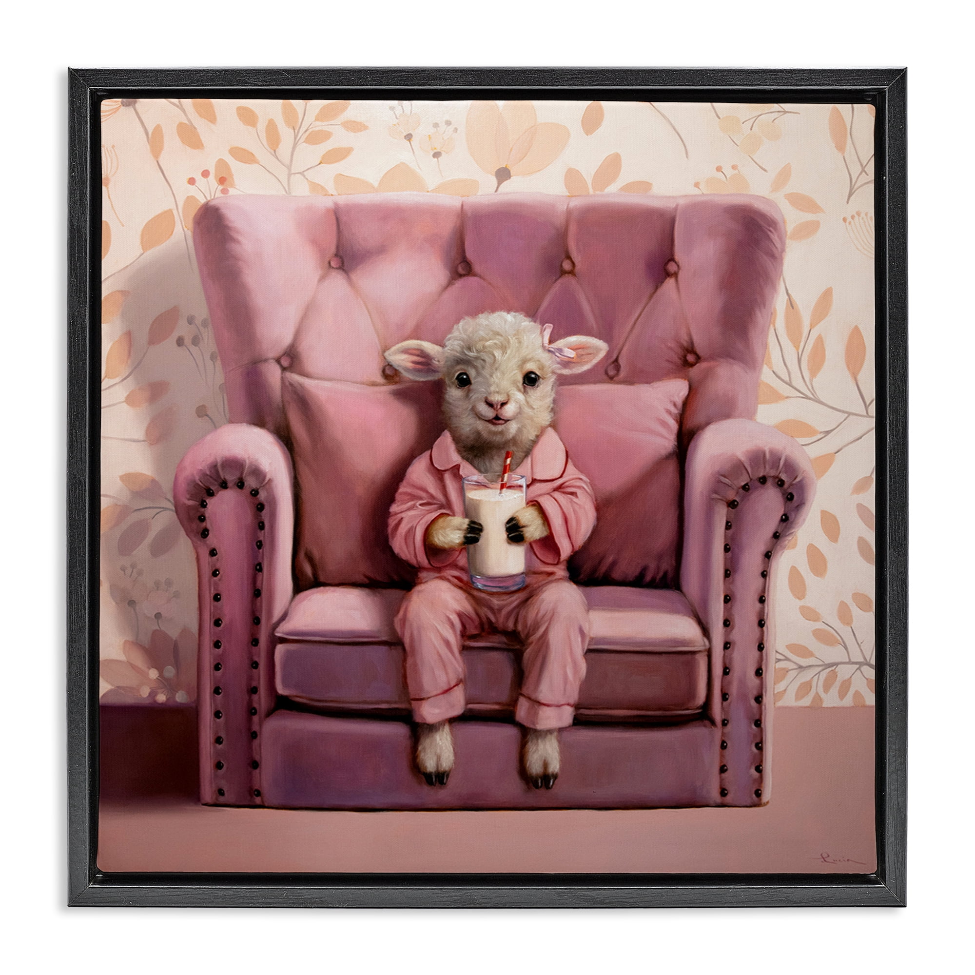Stupell Industries Baby Cow in Pink Chair Animals & Insects Painting Black Floater Framed Canvas Art Print Wall Art, 25 x 25