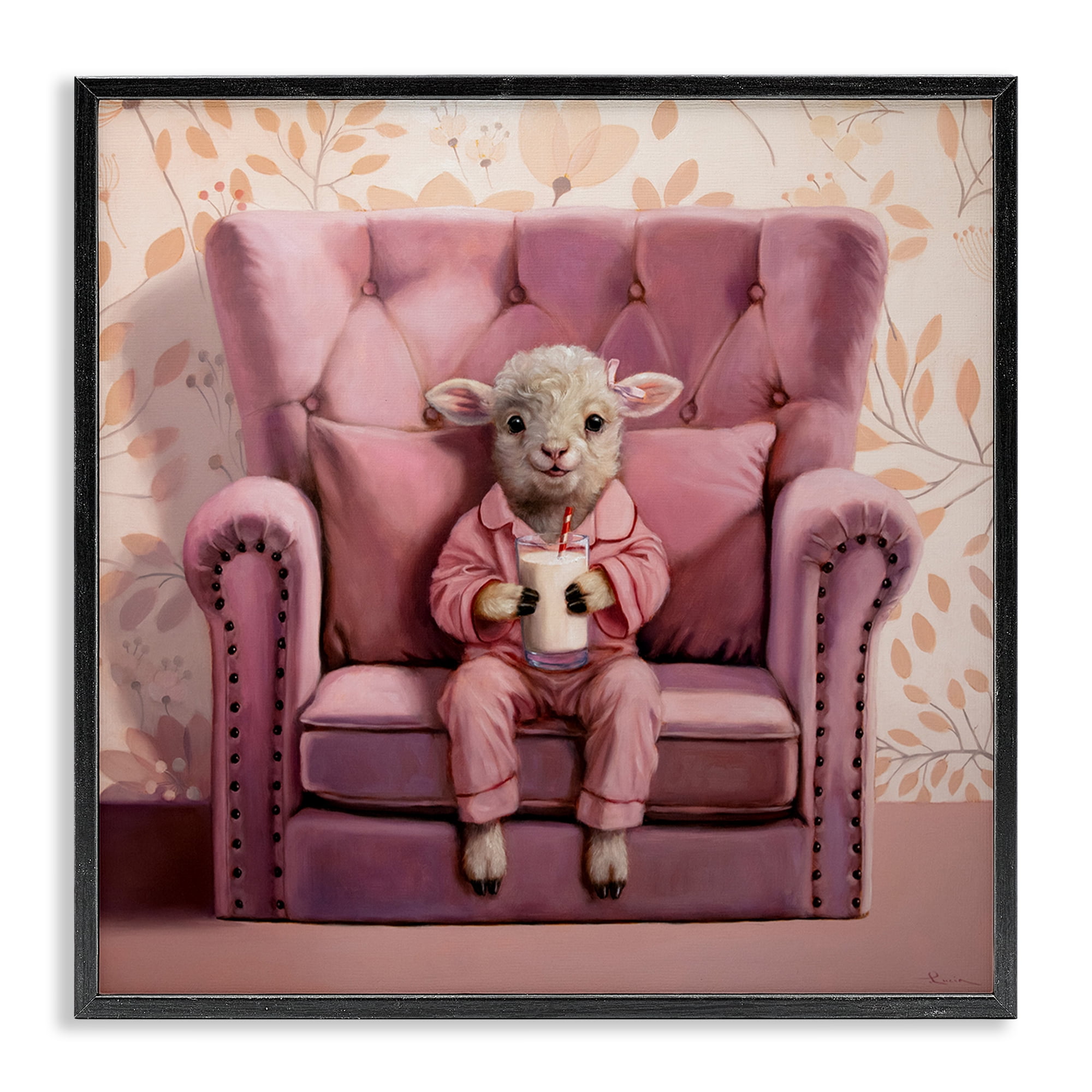 Stupell Industries Baby Cow in Pink Chair Animals & Insects Painting Black Framed Art Print Wall Art, 24 x 24