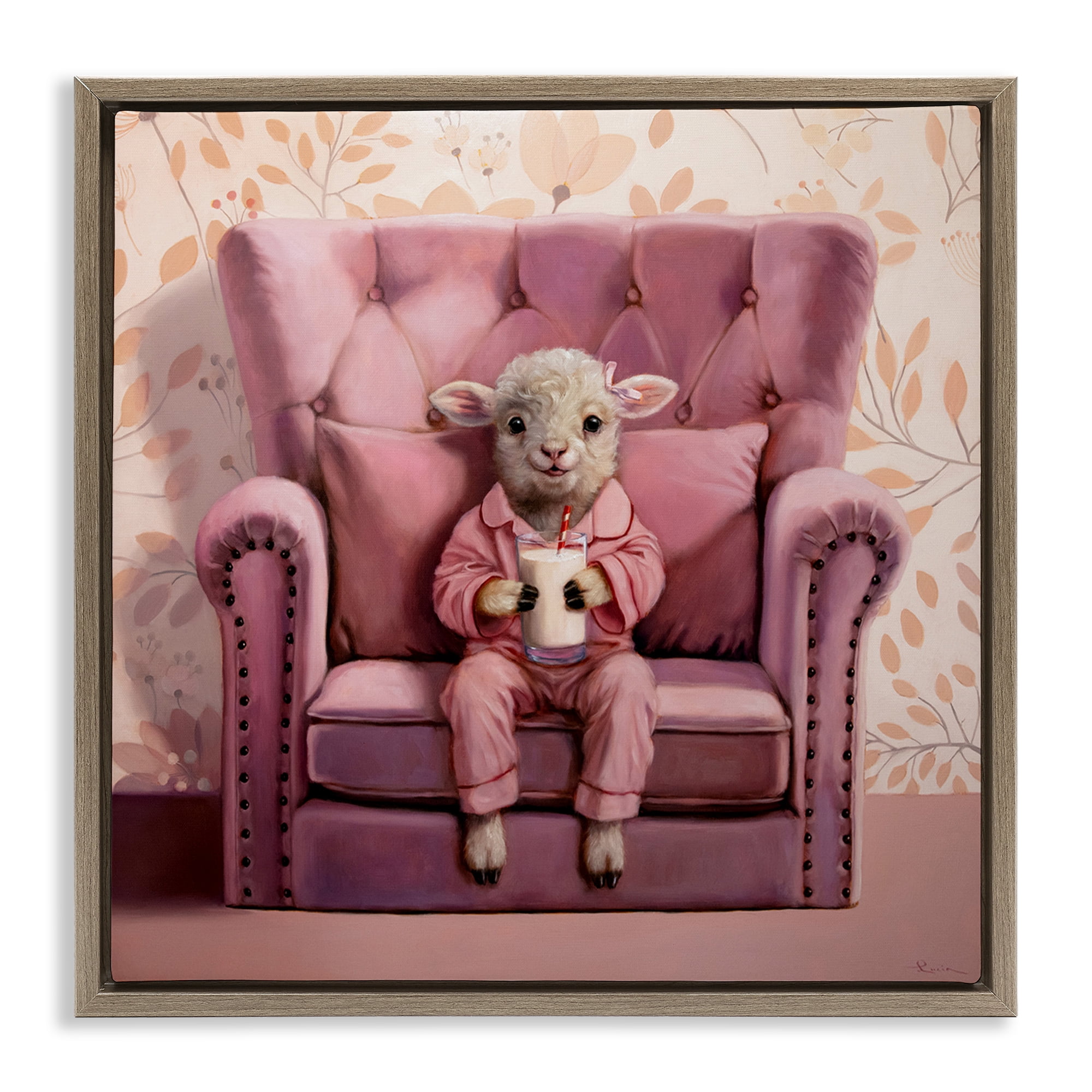Stupell Industries Baby Cow in Pink Chair Animals & Insects Painting Brown Floater Framed Canvas Art Print Wall Art, 25 x 25