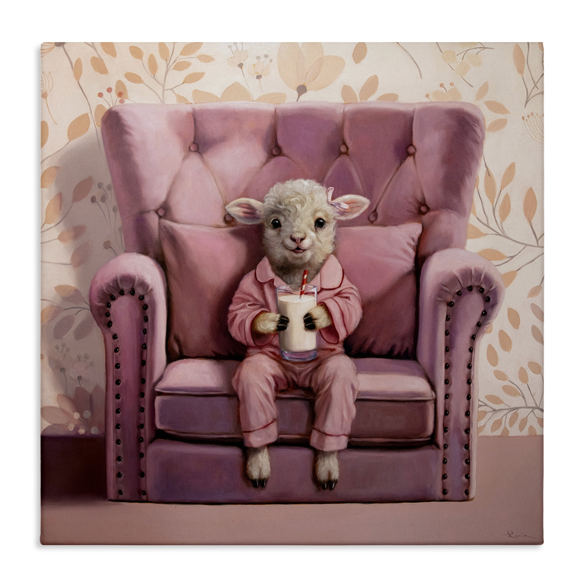 Stupell Industries Baby Cow in Pink Chair Animals & Insects Painting Gallery Wrapped Canvas Art Print Wall Art, 30 x 30