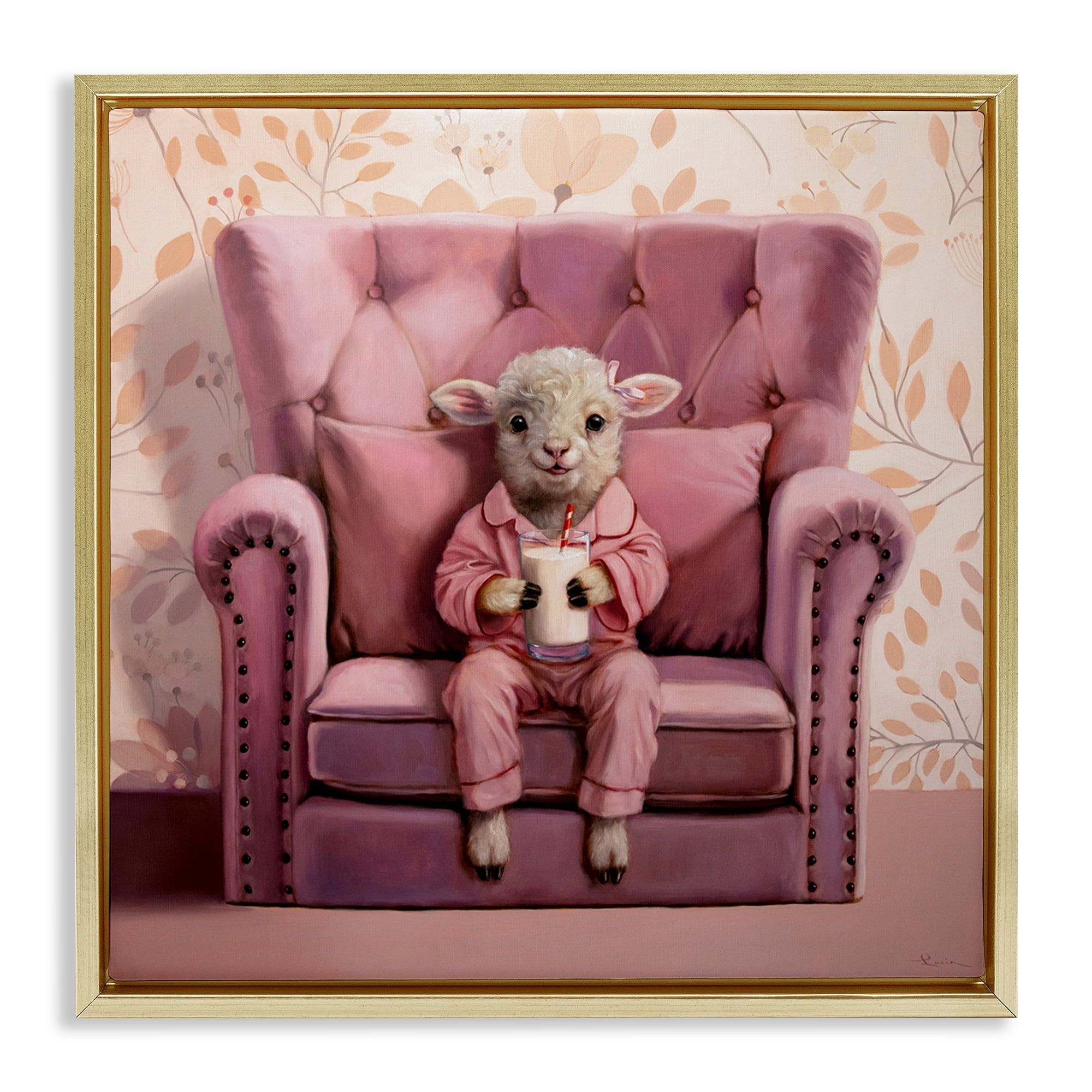 Stupell Industries Baby Cow in Pink Chair Animals & Insects Painting Gold Floater Framed Canvas Art Print Wall Art, 25 x 25