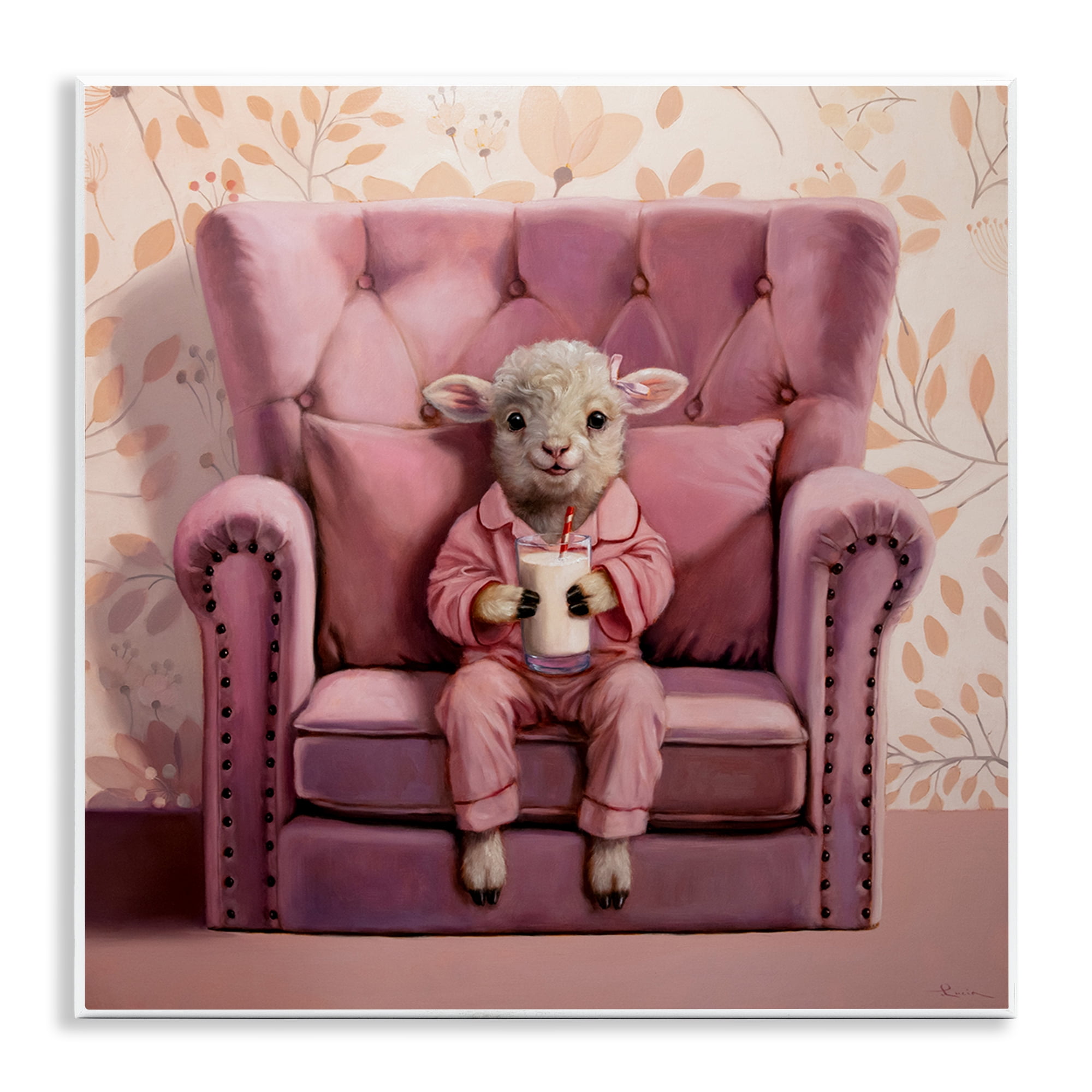 Stupell Industries Baby Cow in Pink Chair Animals & Insects Painting Unframed Art Print Wall Art, 12 x 12
