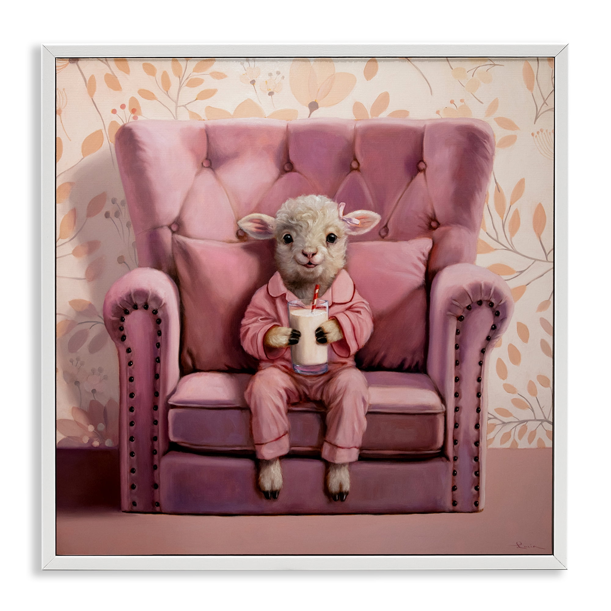 Stupell Industries Baby Cow in Pink Chair Animals & Insects Painting White Framed Art Print Wall Art, 12 x 12