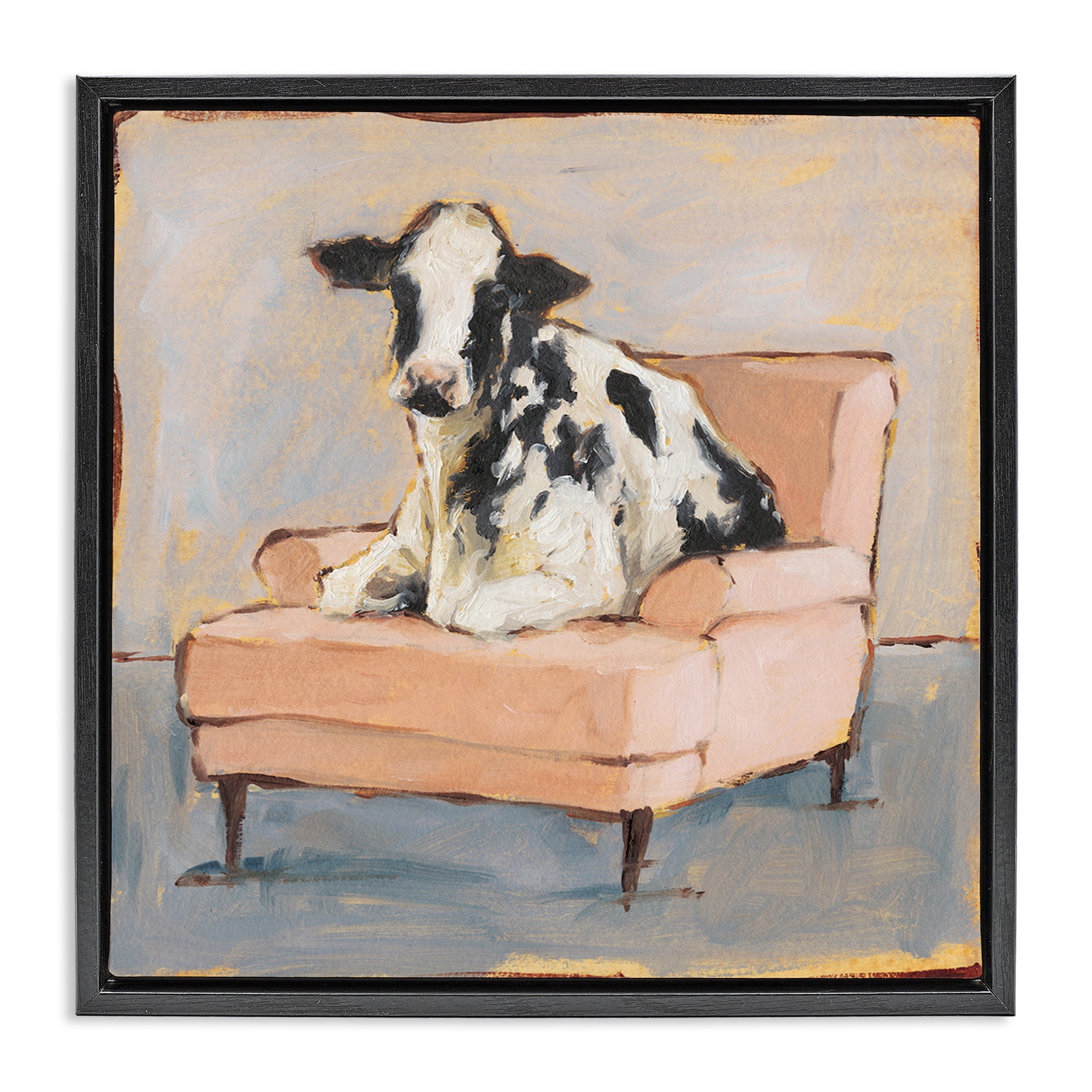 Stupell Industries Baby Cow on Pink Couch Animals & Insects Painting Black Floater Framed Canvas Art Print Wall Art, 18 x 18