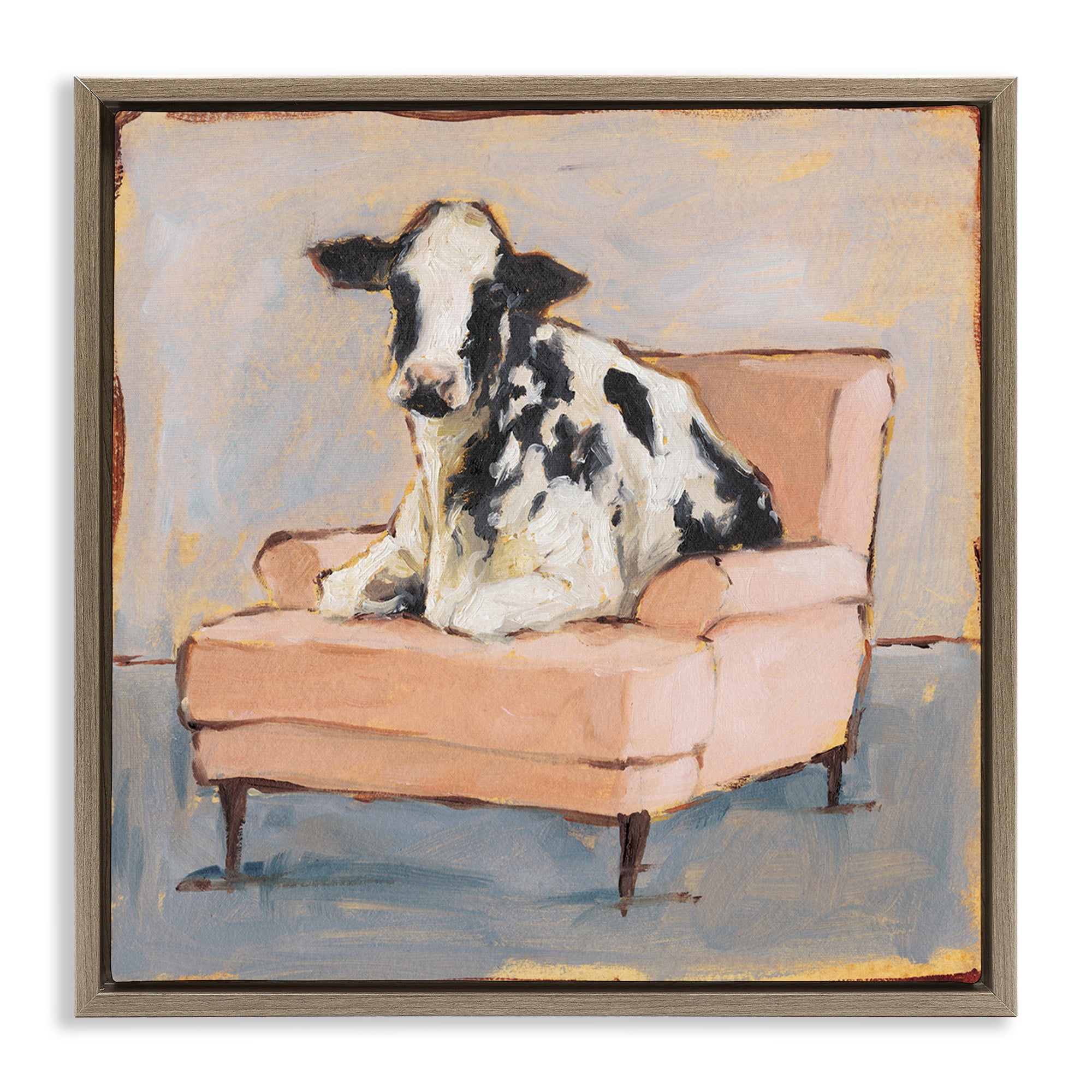 Stupell Industries Baby Cow on Pink Couch Animals & Insects Painting Brown Floater Framed Canvas Art Print Wall Art, 18 x 18