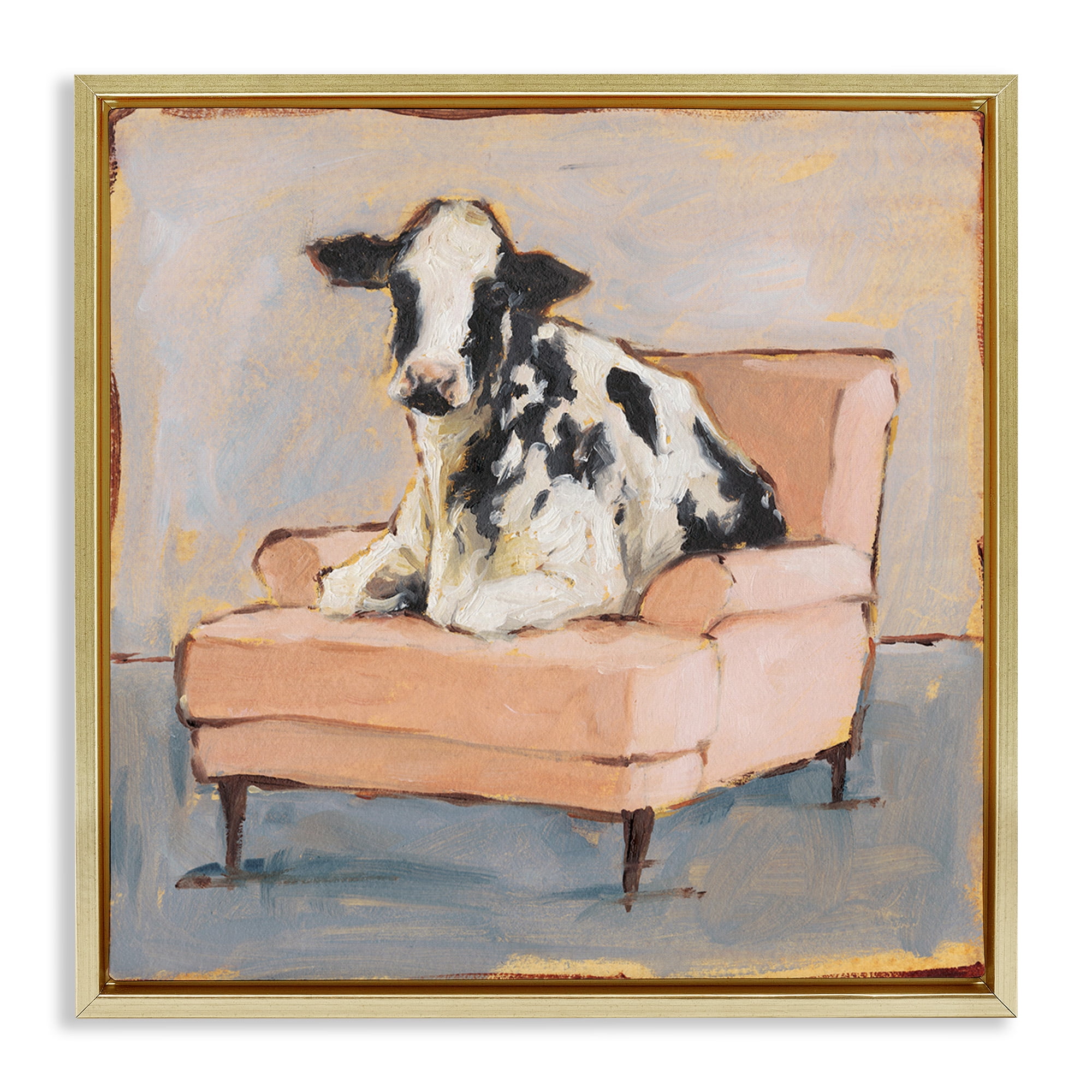 Stupell Industries Baby Cow on Pink Couch Animals & Insects Painting Gold Floater Framed Canvas Art Print Wall Art, 25 x 25