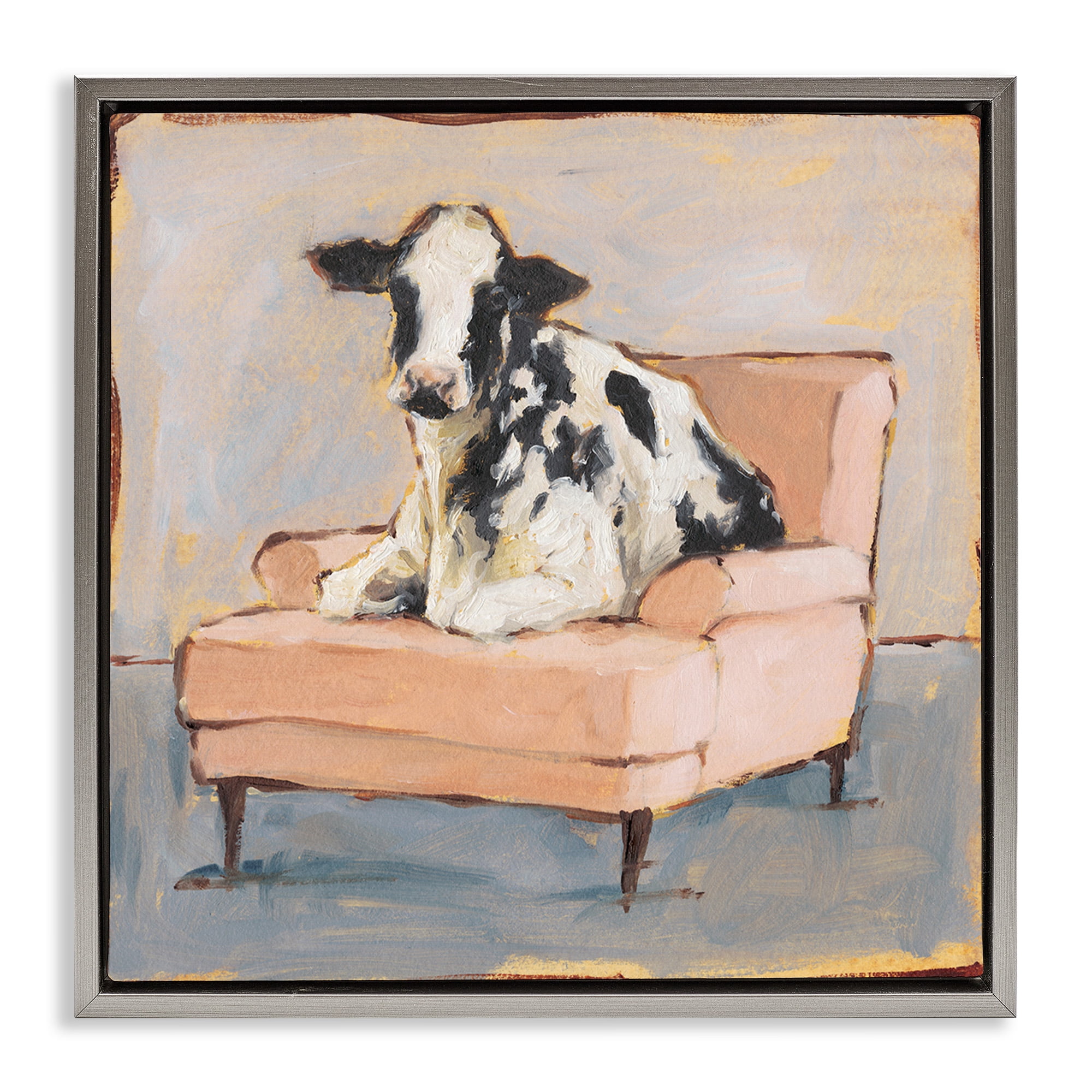 Stupell Industries Baby Cow on Pink Couch Animals & Insects Painting Gray Floater Framed Canvas Art Print Wall Art, 18 x 18