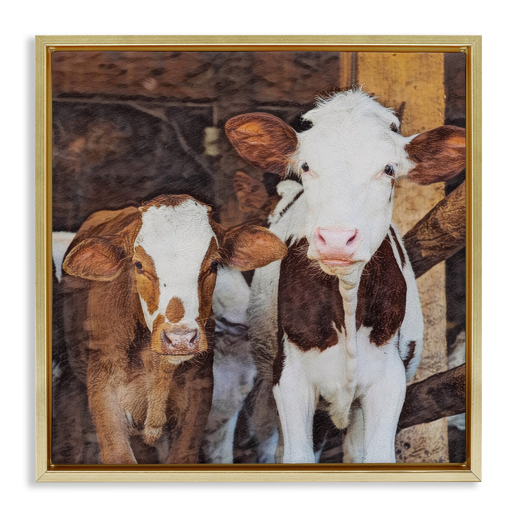 Stupell Industries Baby Cows on Farm Animals Painting Gold Floater Framed Canvas Art Print Wall Art, 18 x 18