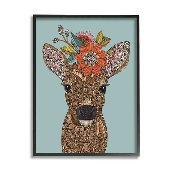 Stupell Industries Baby Deer Fawn Flower Crown Intricate Paisley Designs Graphic Art Black Framed Art Print Wall Art, Design by Valentina Harper