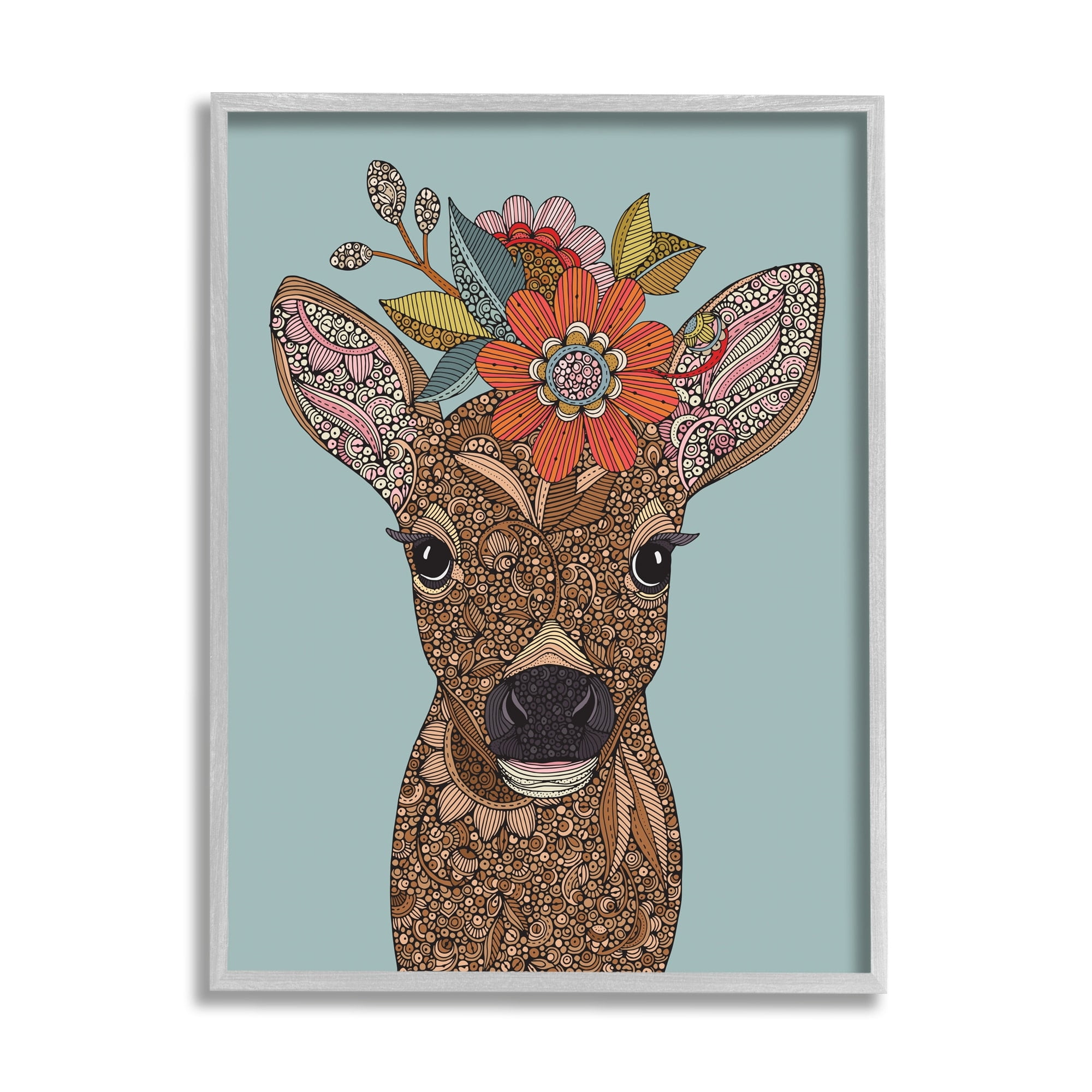 Stupell Industries Baby Deer Fawn Flower Crown Intricate Paisley Designs Graphic Art Gray Framed Art Print Wall Art, Design by Valentina Harper