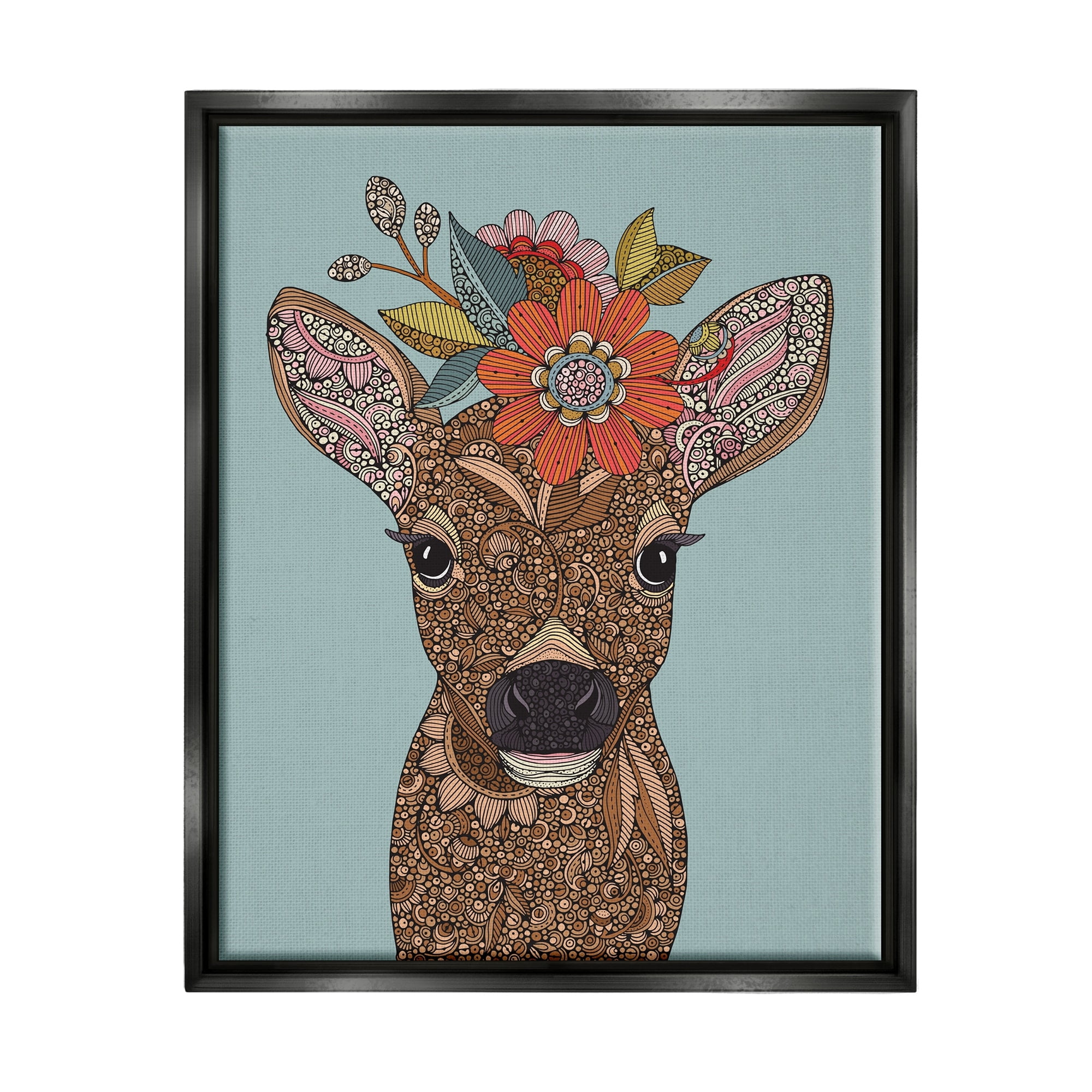 Stupell Industries Baby Deer Fawn Flower Crown Intricate Paisley Designs Graphic Art Jet Black Floating Framed Canvas Print Wall Art, Design by Valentina Harper