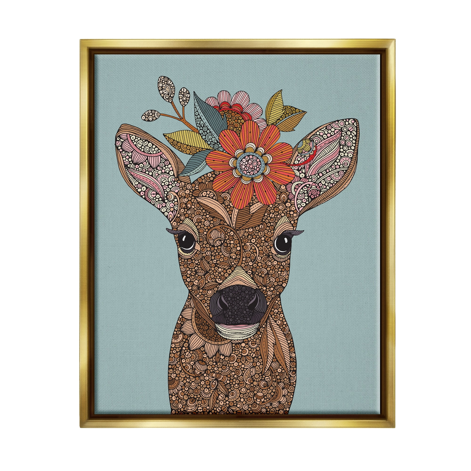 Stupell Industries Baby Deer Fawn Flower Crown Intricate Paisley Designs Graphic Art Metallic Gold Floating Framed Canvas Print Wall Art, Design by Valentina Harper
