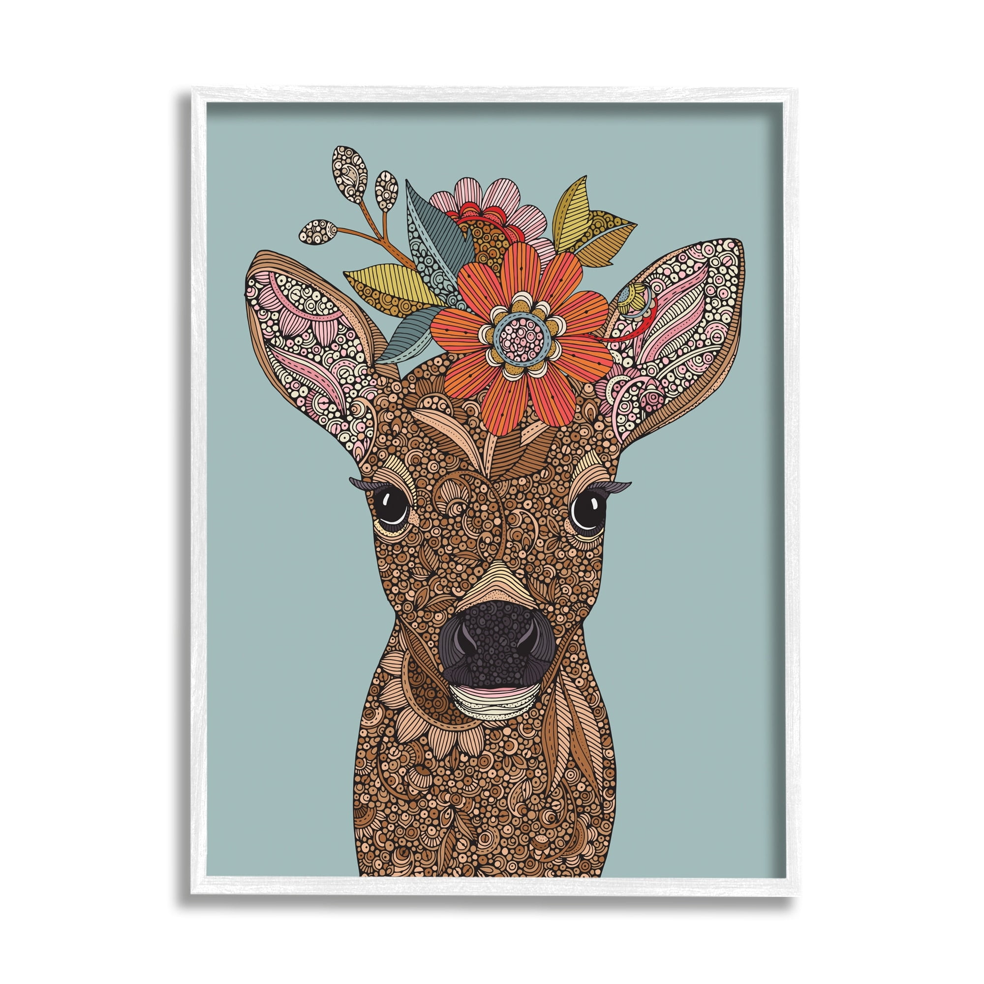 Stupell Industries Baby Deer Fawn Flower Crown Intricate Paisley Designs Graphic Art White Framed Art Print Wall Art, Design by Valentina Harper