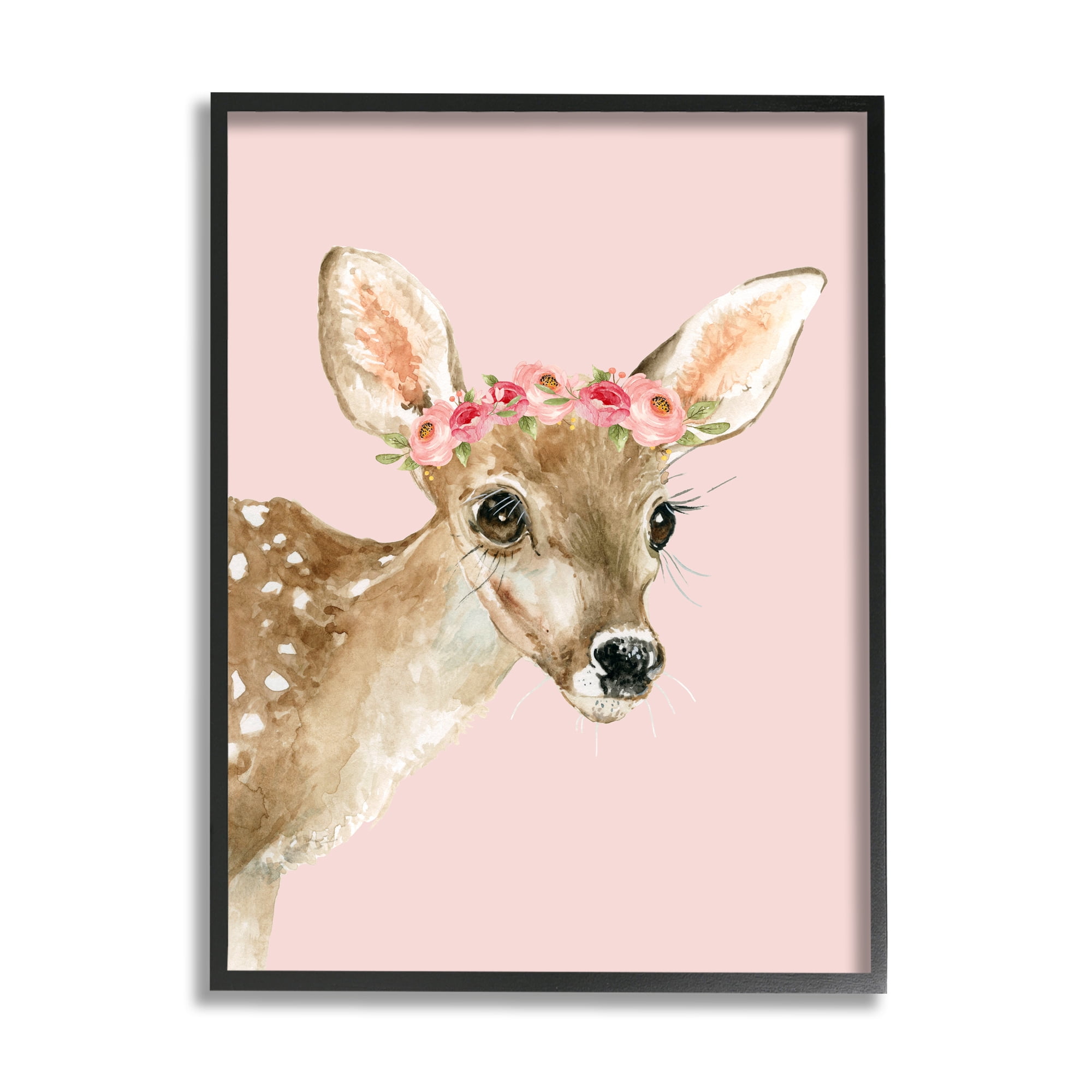 Stupell Industries Baby Deer Flower Crown Animals & Insects Painting Black Framed Art Print Wall Art, 24 x 30