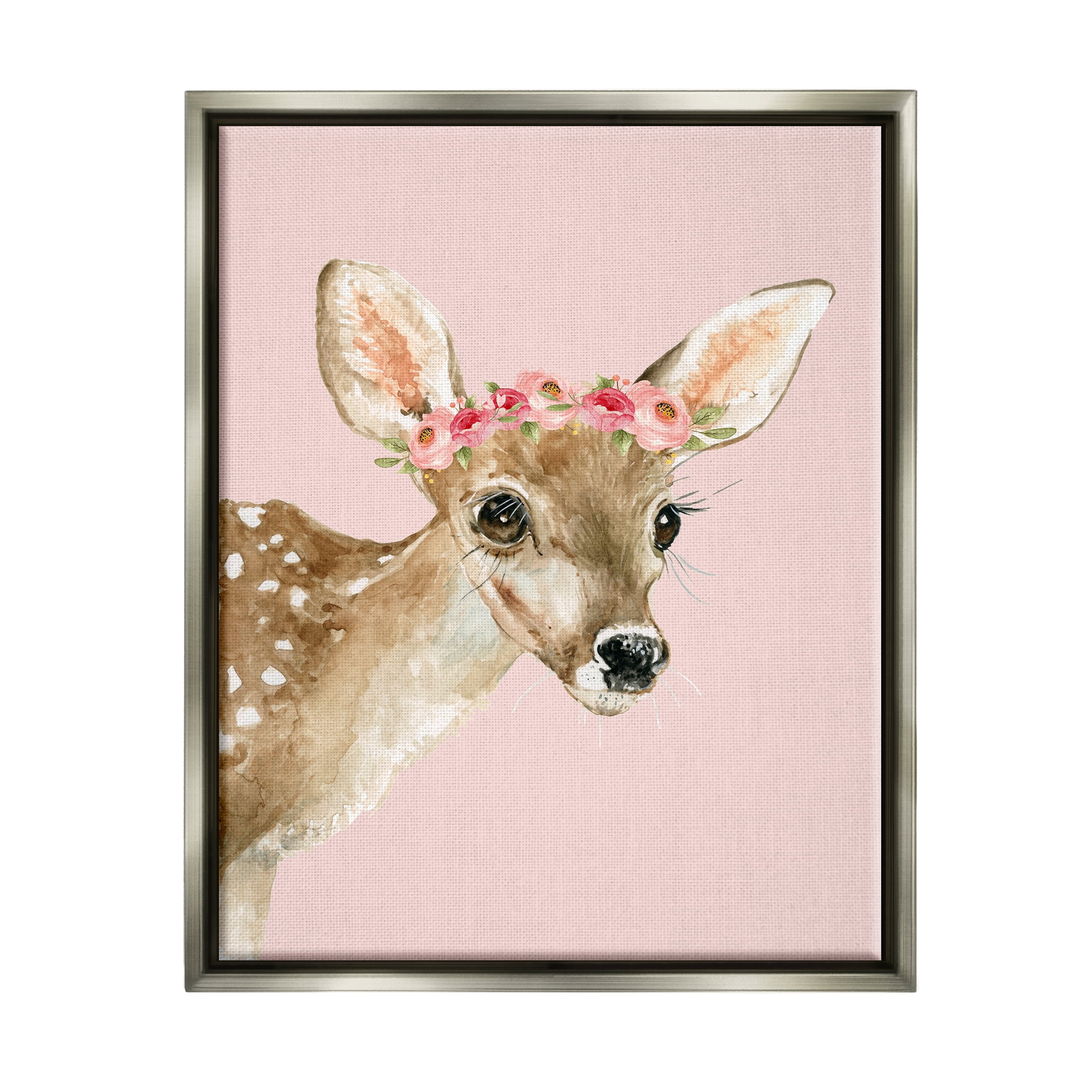 Stupell Industries Baby Deer Flower Crown Animals & Insects Painting Gray Floater Framed Canvas Art Print Wall Art, 17 x 21
