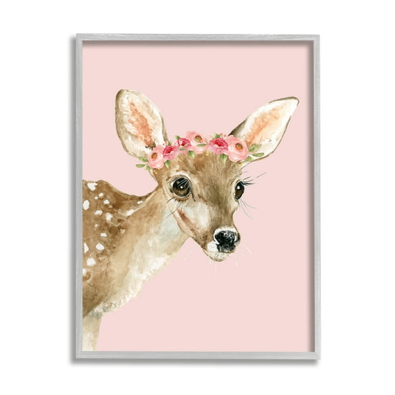 Stupell Industries Baby Deer Flower Crown Animals & Insects Painting Gray Framed Art Print Wall Art, 24 x 30