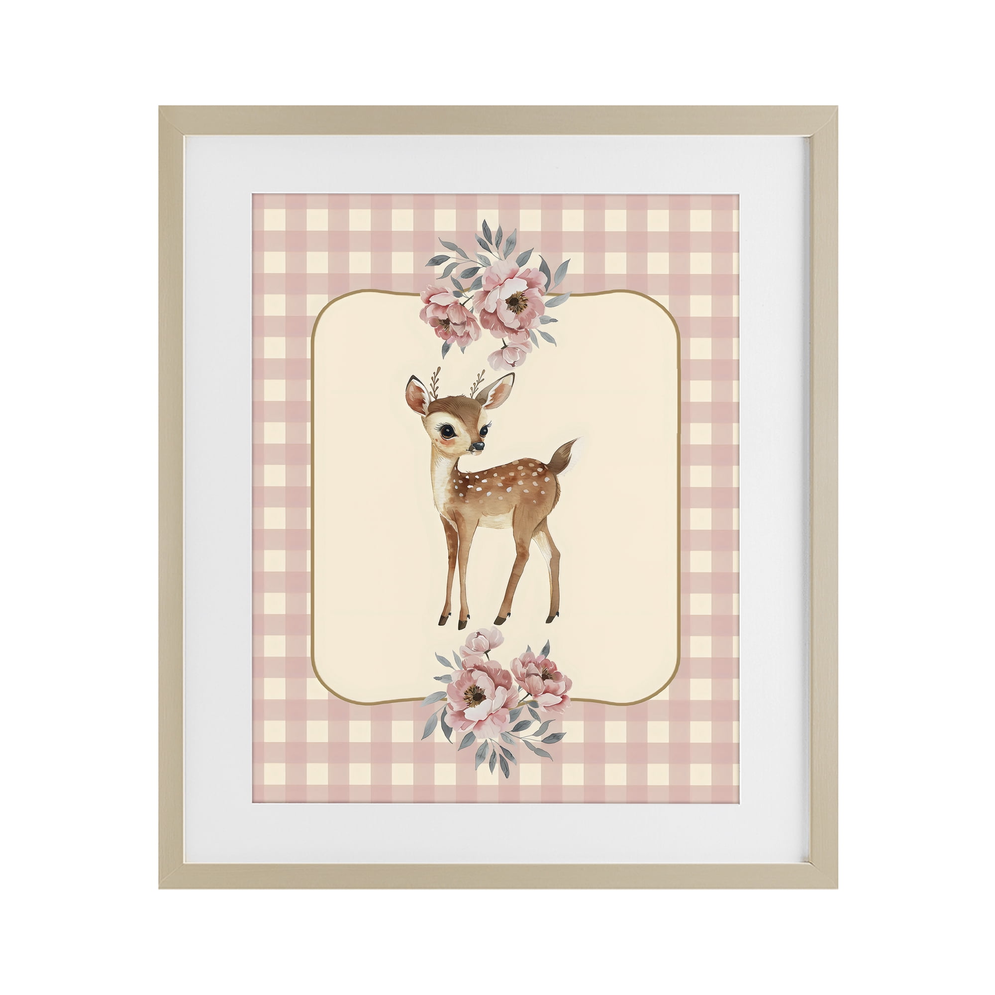 Stupell Industries Baby Deer Pink Gingham Birch Framed Print Under Glass, design by LSR Design Studio