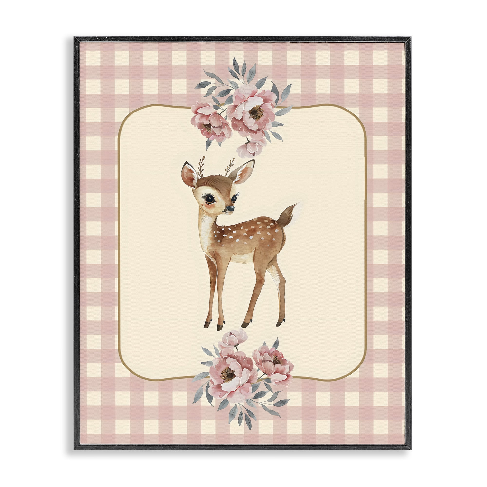 Stupell Industries Baby Deer Pink Gingham Black Framed Giclee Art, design by LSR Design Studio