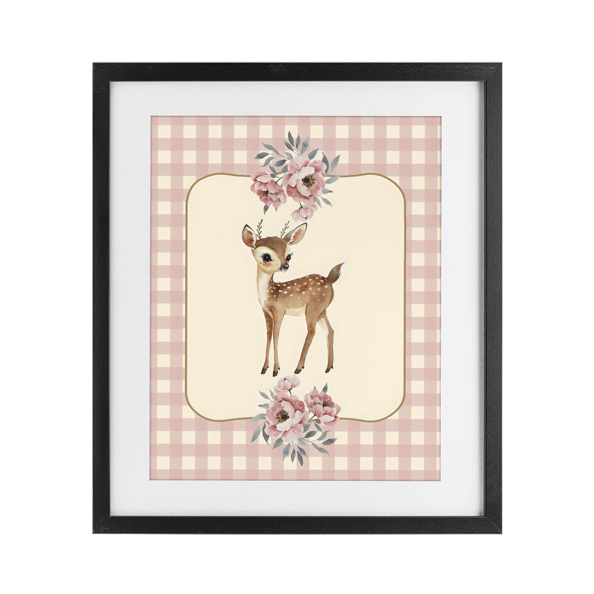 Stupell Industries Baby Deer Pink Gingham Black Framed Print Under Glass, design by LSR Design Studio