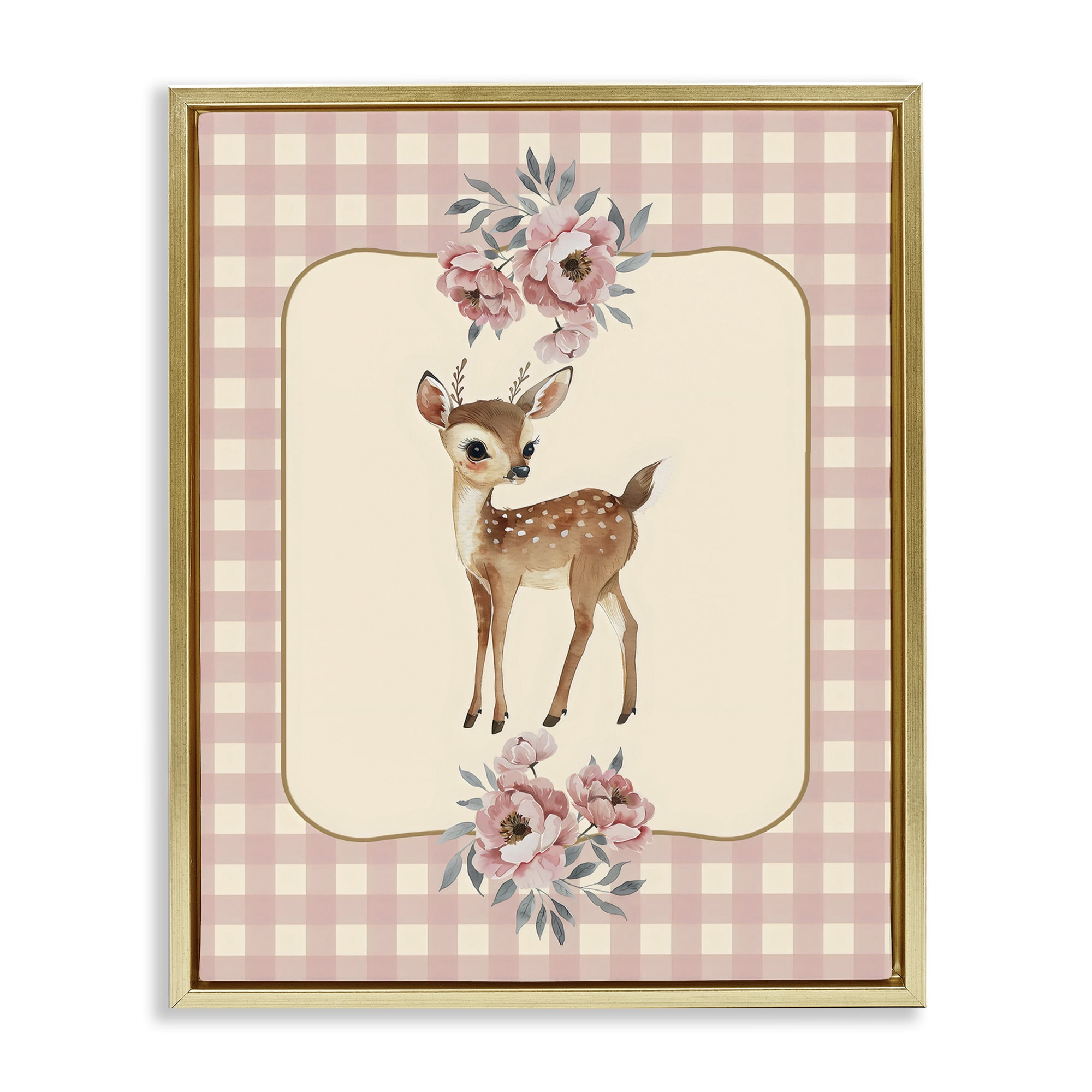 Stupell Industries Baby Deer Pink Gingham Gold Framed Floater Canvas Wall Art, design by LSR Design Studio