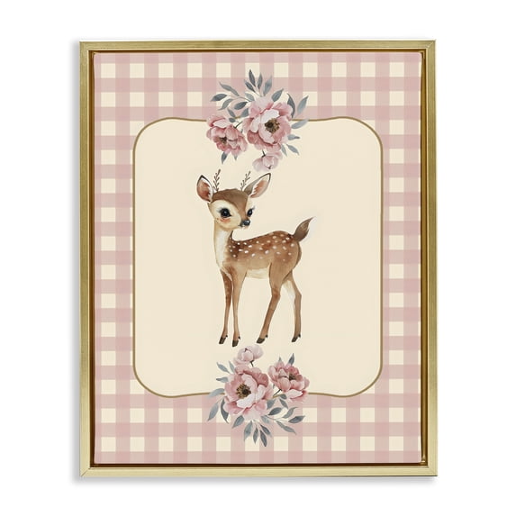 Stupell Industries Cottage Baby Deer Pink Gingham Gold Floating Frame Canvas Art, 17 x 21, by LSR Design Studio