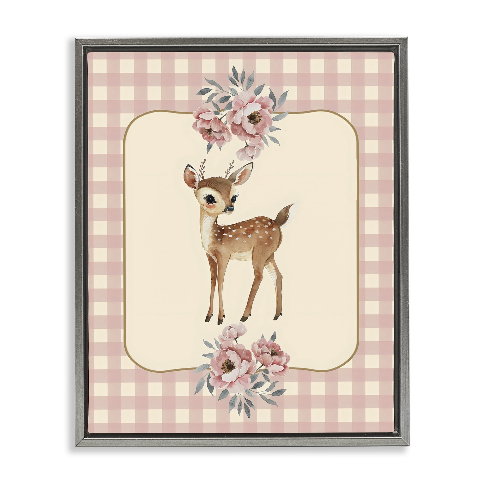 Stupell Industries Baby Deer Pink Gingham Gray Framed Floater Canvas Wall Art, design by LSR Design Studio