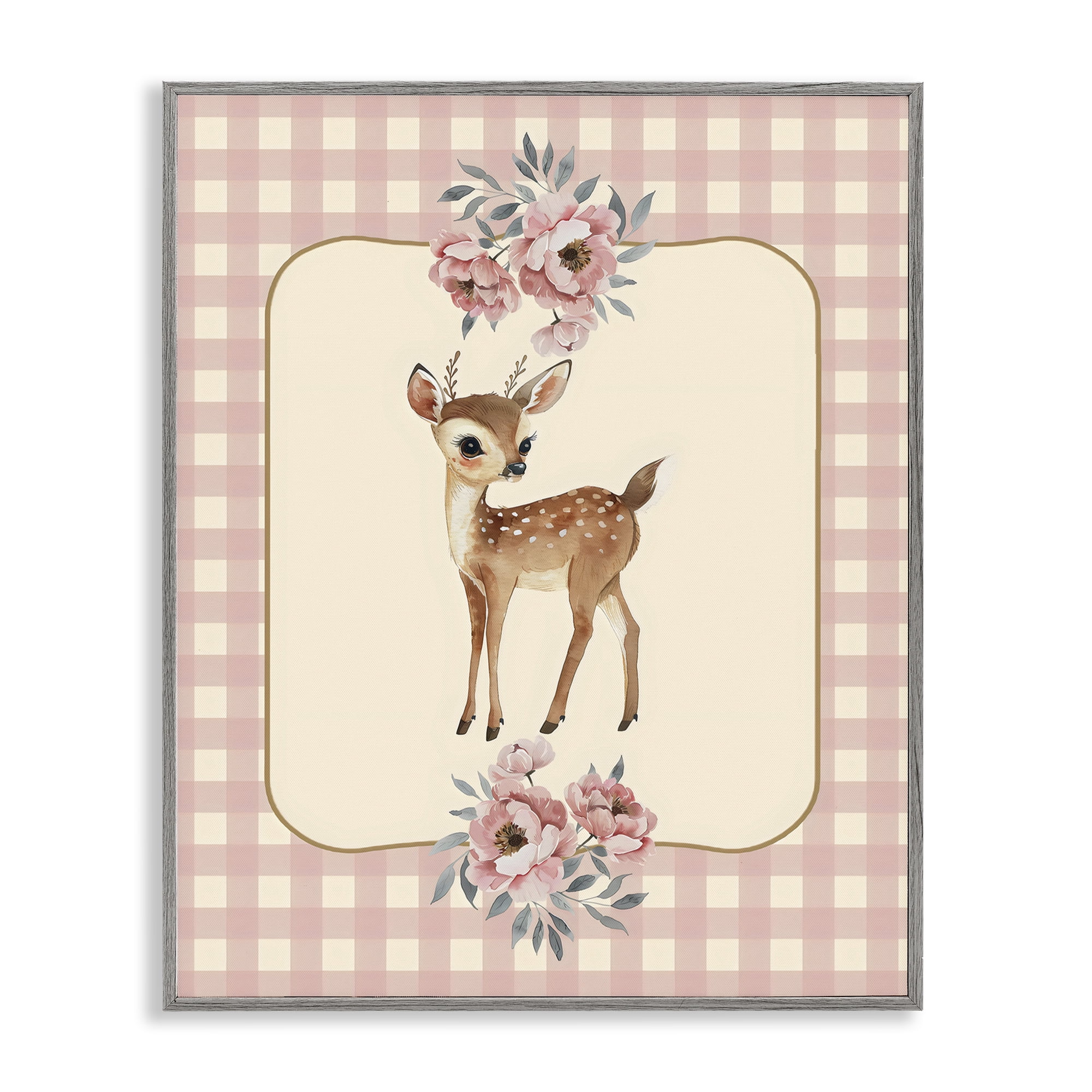 Stupell Industries Baby Deer Pink Gingham Gray Framed Giclee Art, design by LSR Design Studio