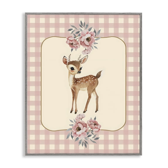 Stupell Industries Cottage Baby Deer Pink Gingham Gray Framed Giclee Art, 16 x 20, by LSR Design Studio