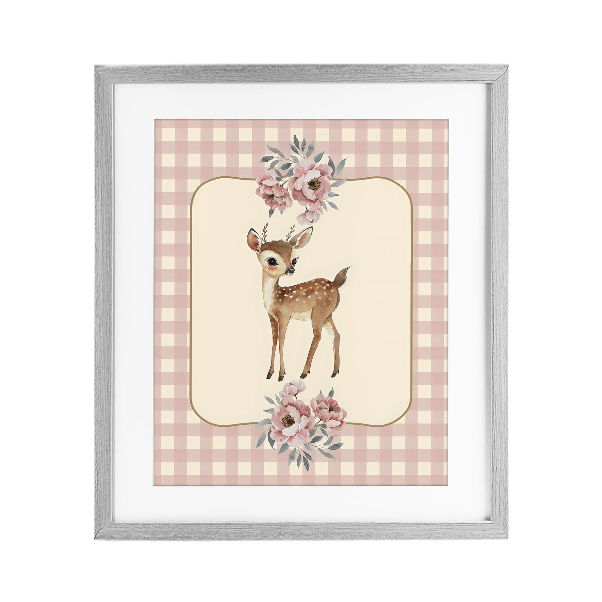 Stupell Industries Baby Deer Pink Gingham Gray Framed Print Under Glass, design by LSR Design Studio