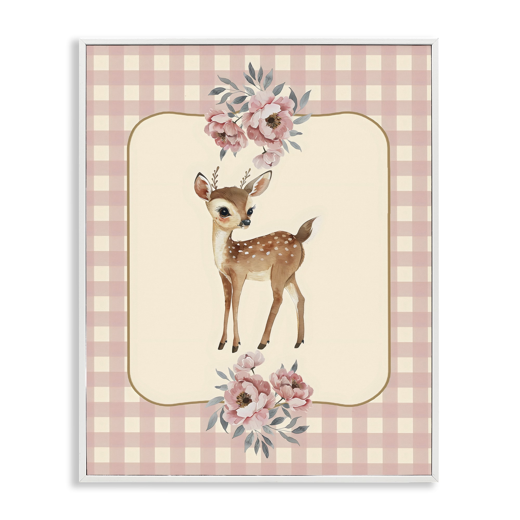 Stupell Industries Baby Deer Pink Gingham White Framed Giclee Art, design by LSR Design Studio