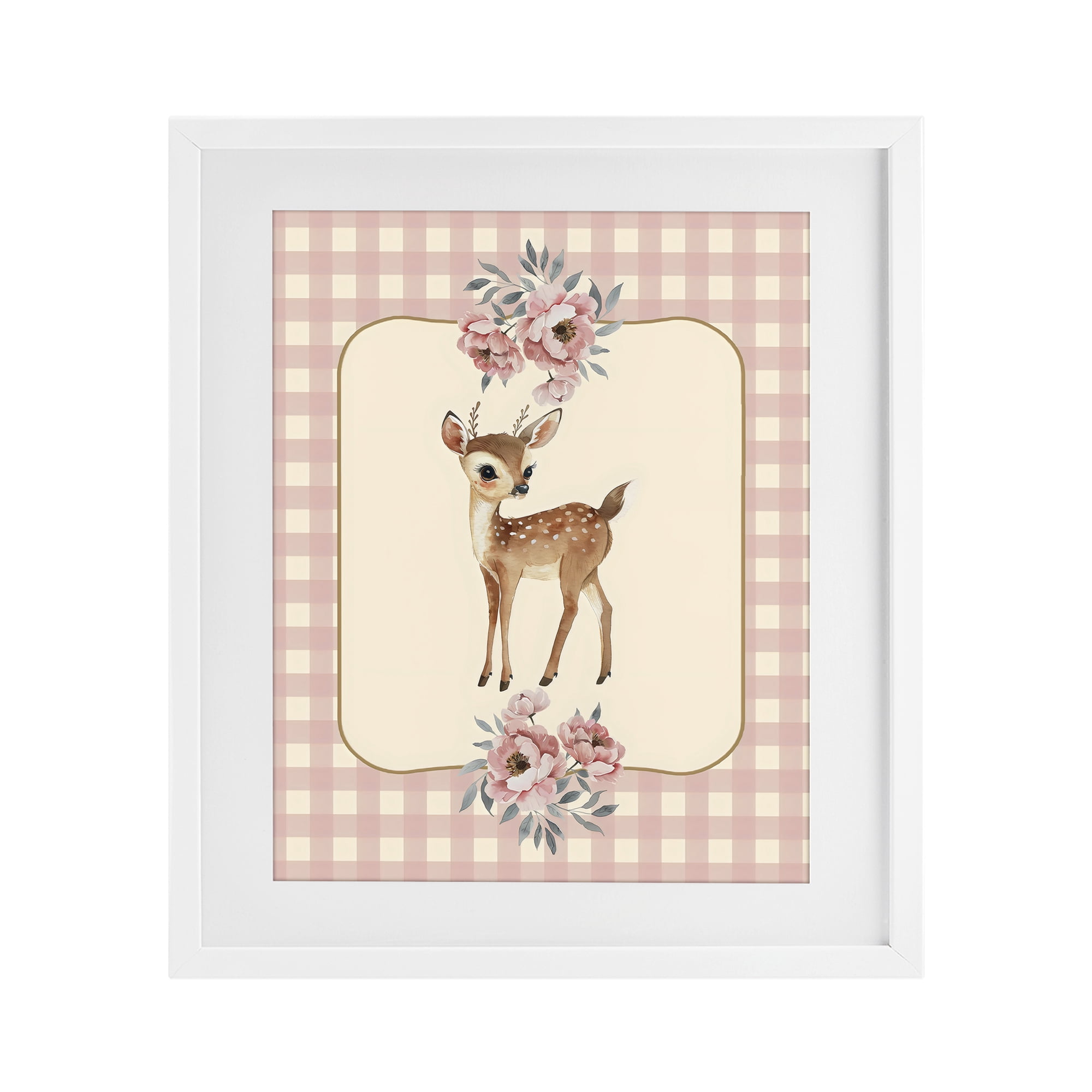 Stupell Industries Baby Deer Pink Gingham White Framed Print Under Glass, design by LSR Design Studio