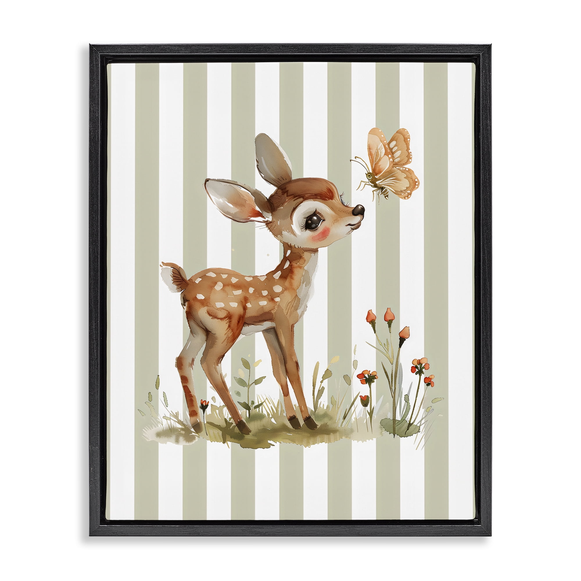 Stupell Industries Baby Deer with Butterfly Black Framed Floater Canvas Wall Art, design by LSR Design Studio