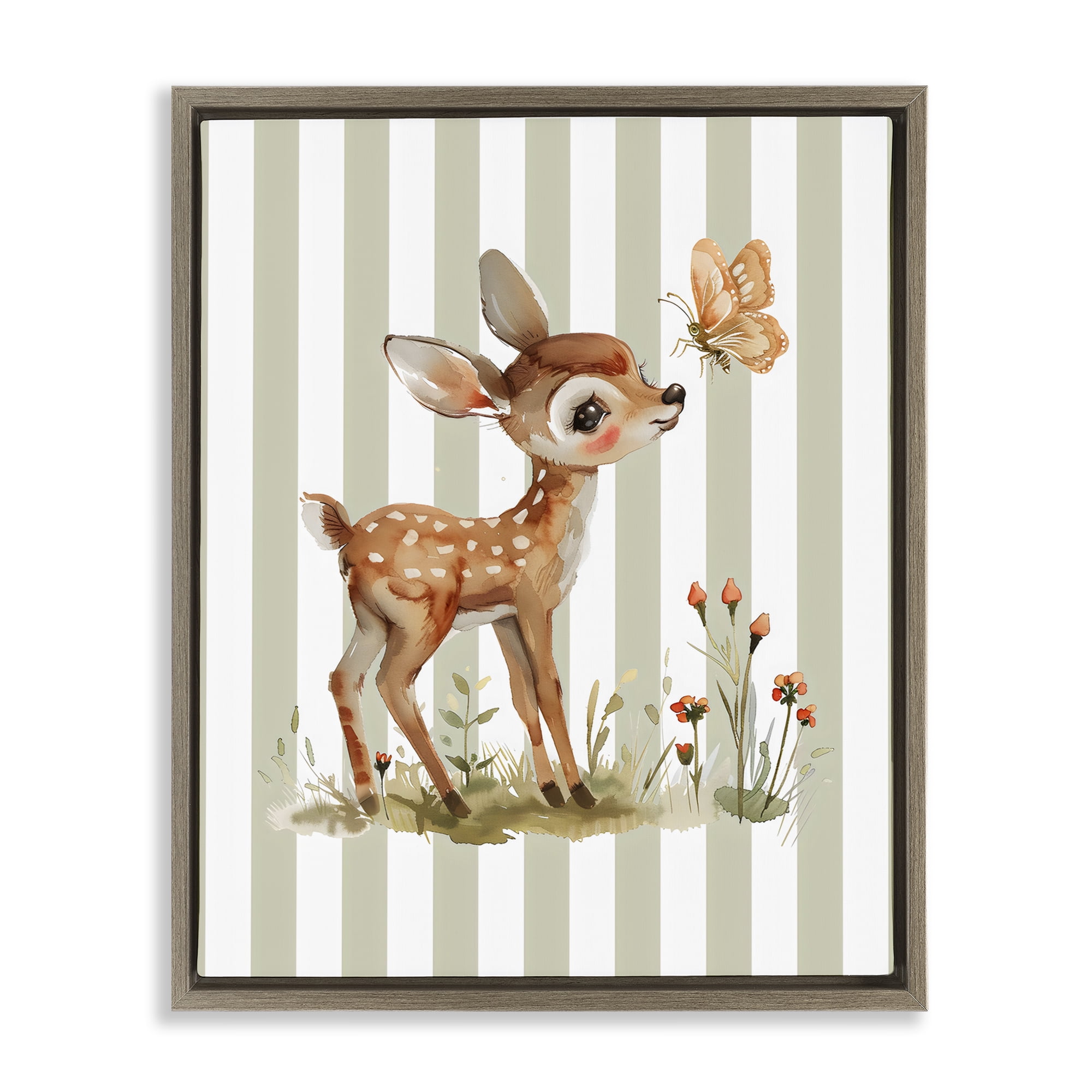 Stupell Industries Baby Deer with Butterfly Brown Framed Floater Canvas Wall Art, design by LSR Design Studio