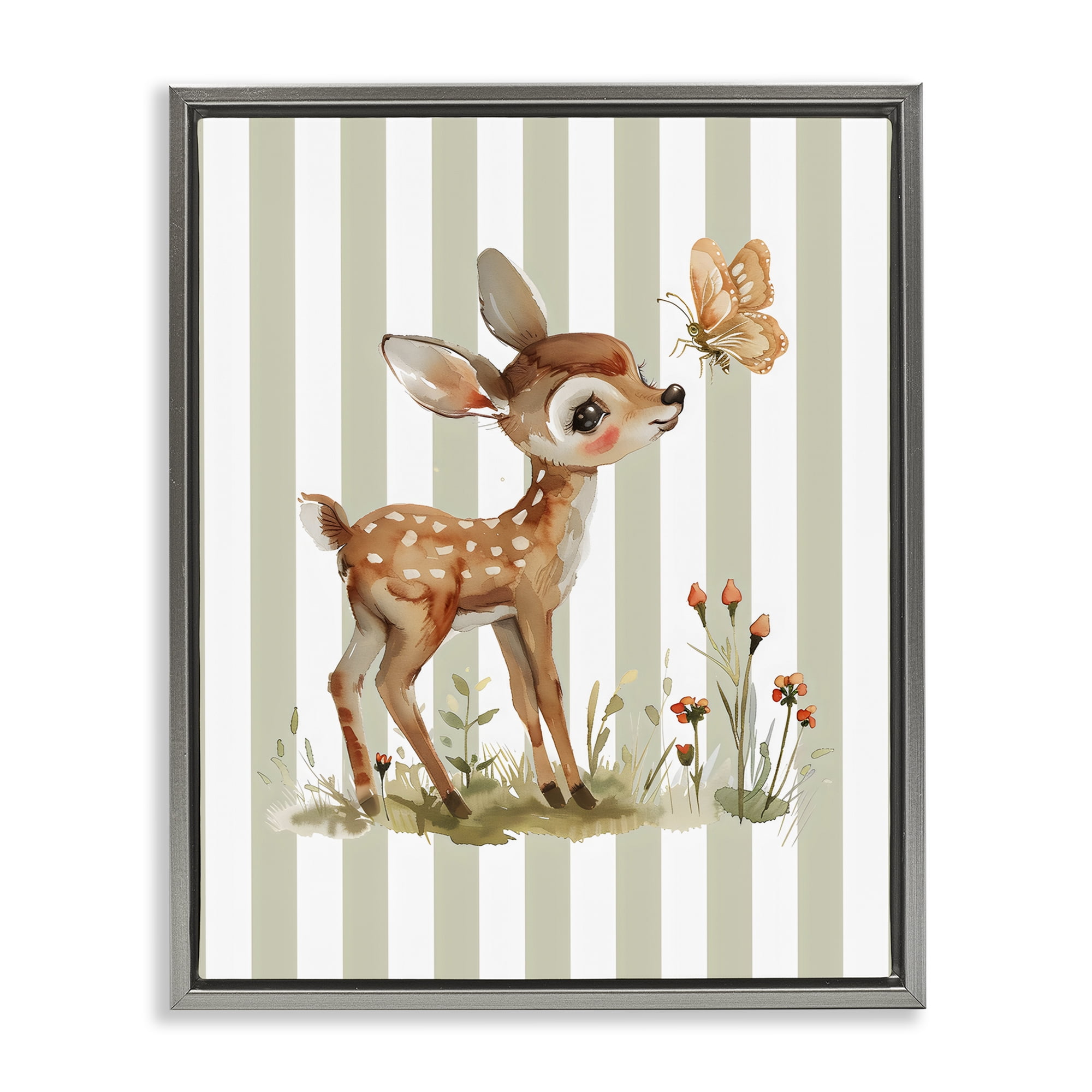 Stupell Industries Baby Deer with Butterfly Gray Framed Floater Canvas Wall Art, design by LSR Design Studio