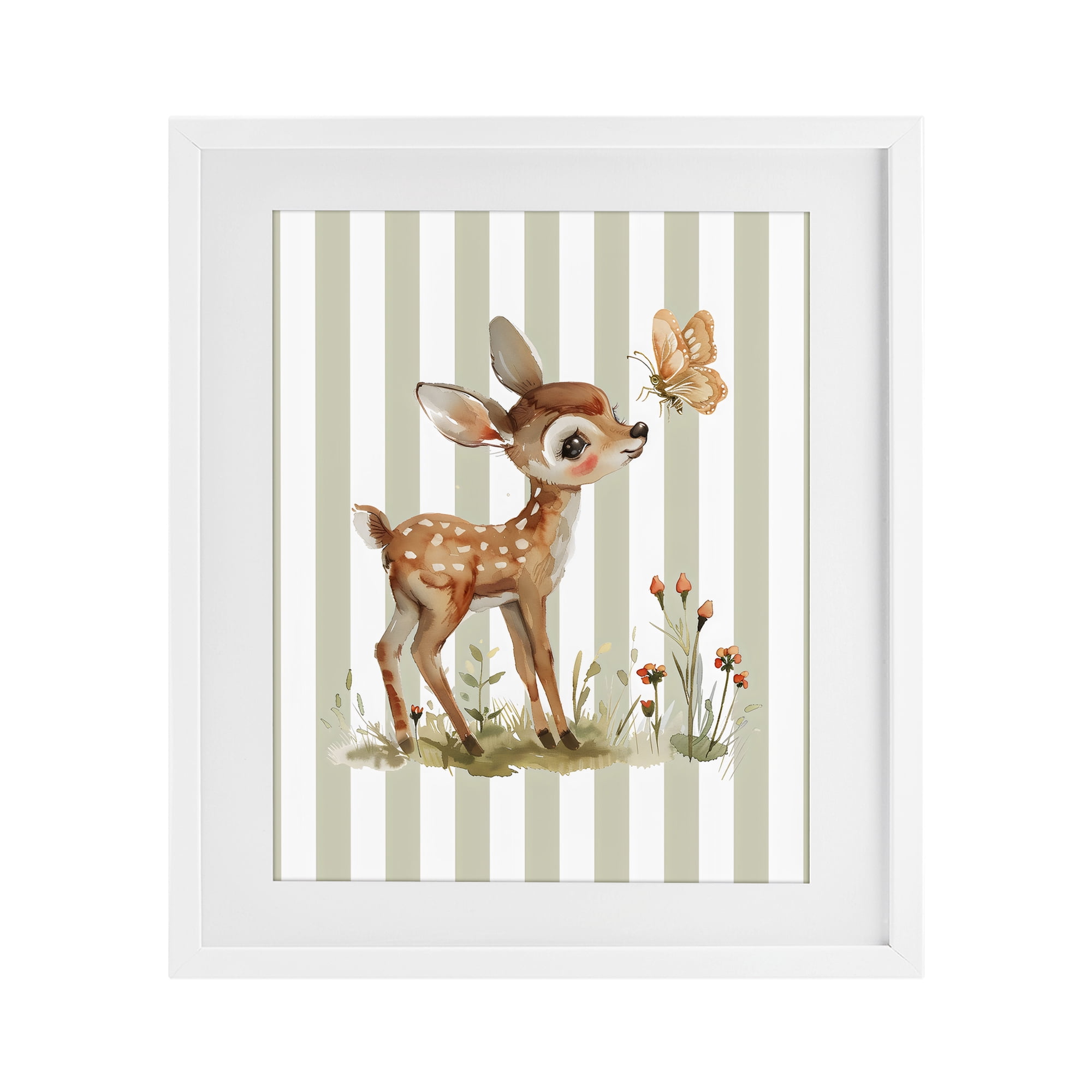 Stupell Industries Baby Deer with Butterfly White Framed Print Under Glass, design by LSR Design Studio