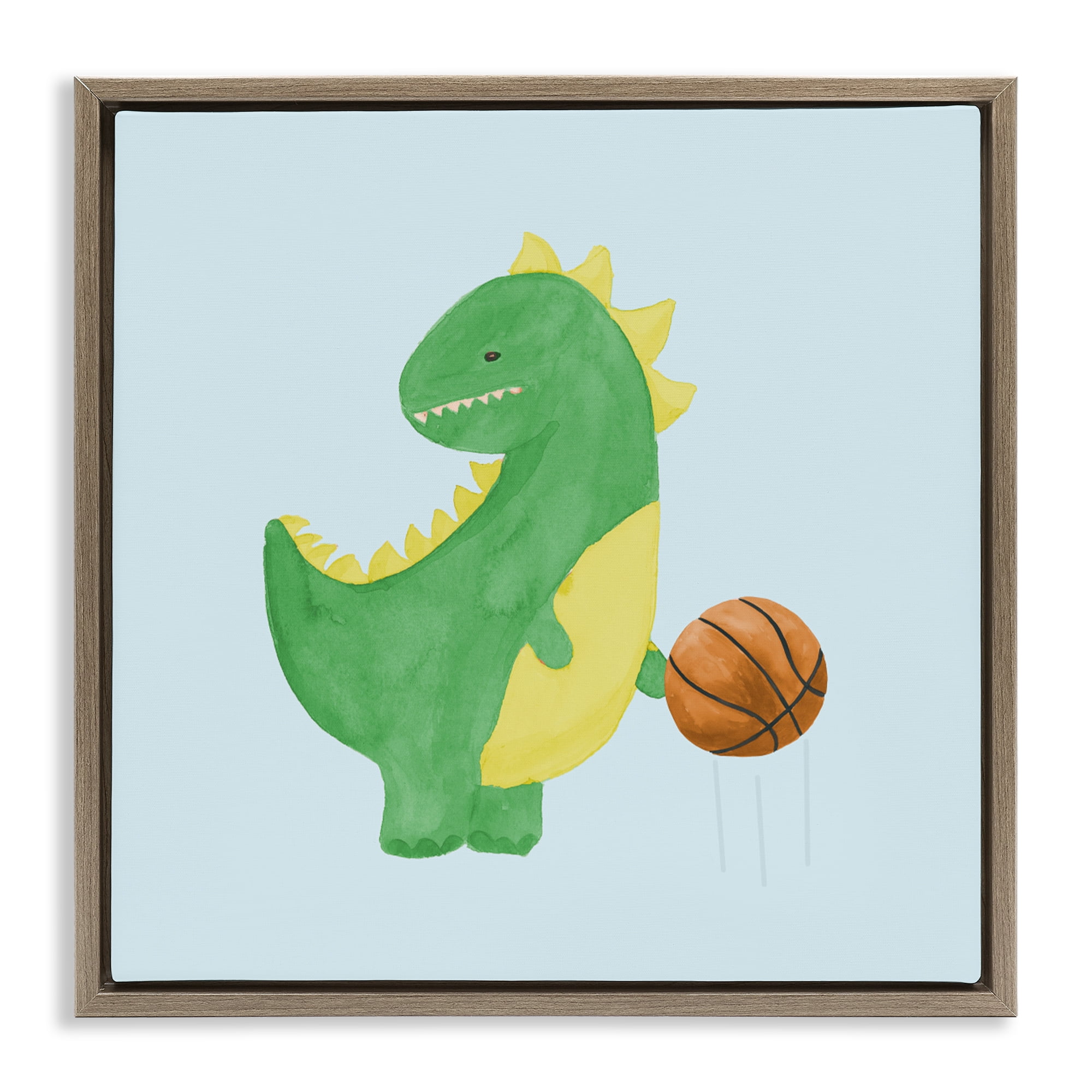 Stupell Industries Baby Dino & Basketball Brown Framed Floater Canvas Wall Art, design by Lucille Price