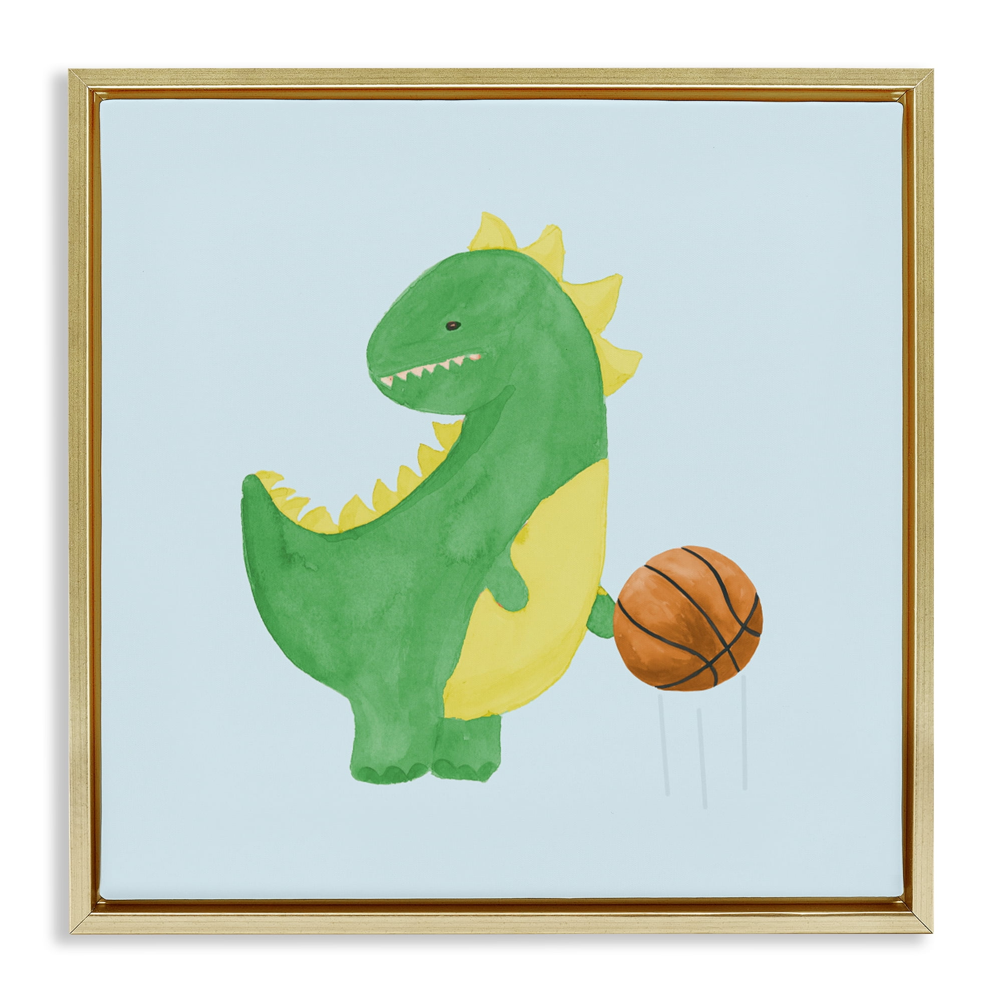 Stupell Industries Baby Dino & Basketball Gold Framed Floater Canvas Wall Art, design by Lucille Price