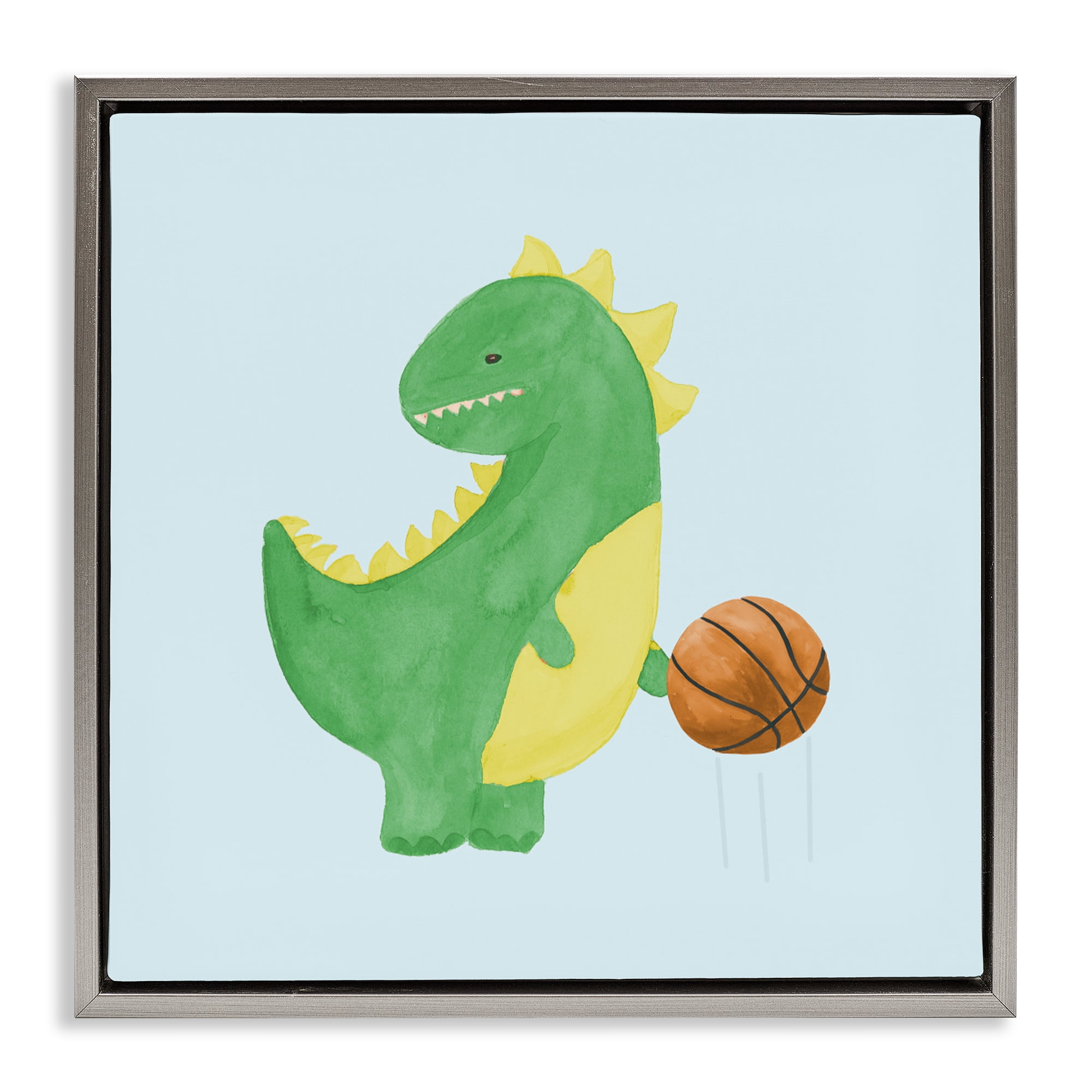 Stupell Industries Baby Dino & Basketball Gray Framed Floater Canvas Wall Art, design by Lucille Price