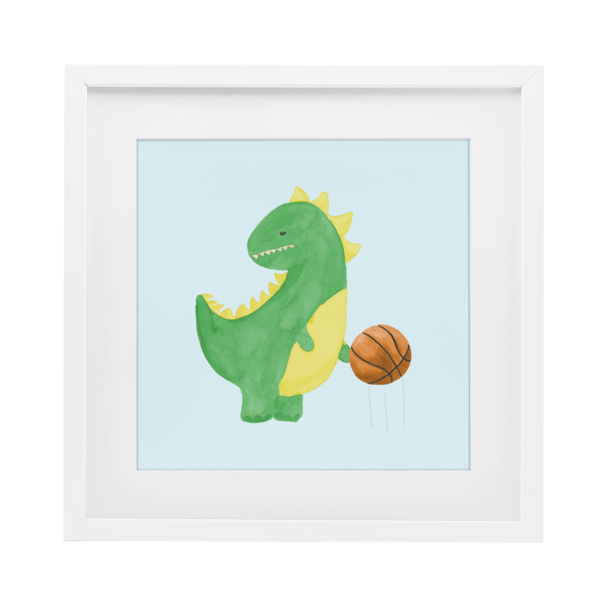 Stupell Industries Baby Dino & Basketball White Framed Print Under Glass, design by Lucille Price