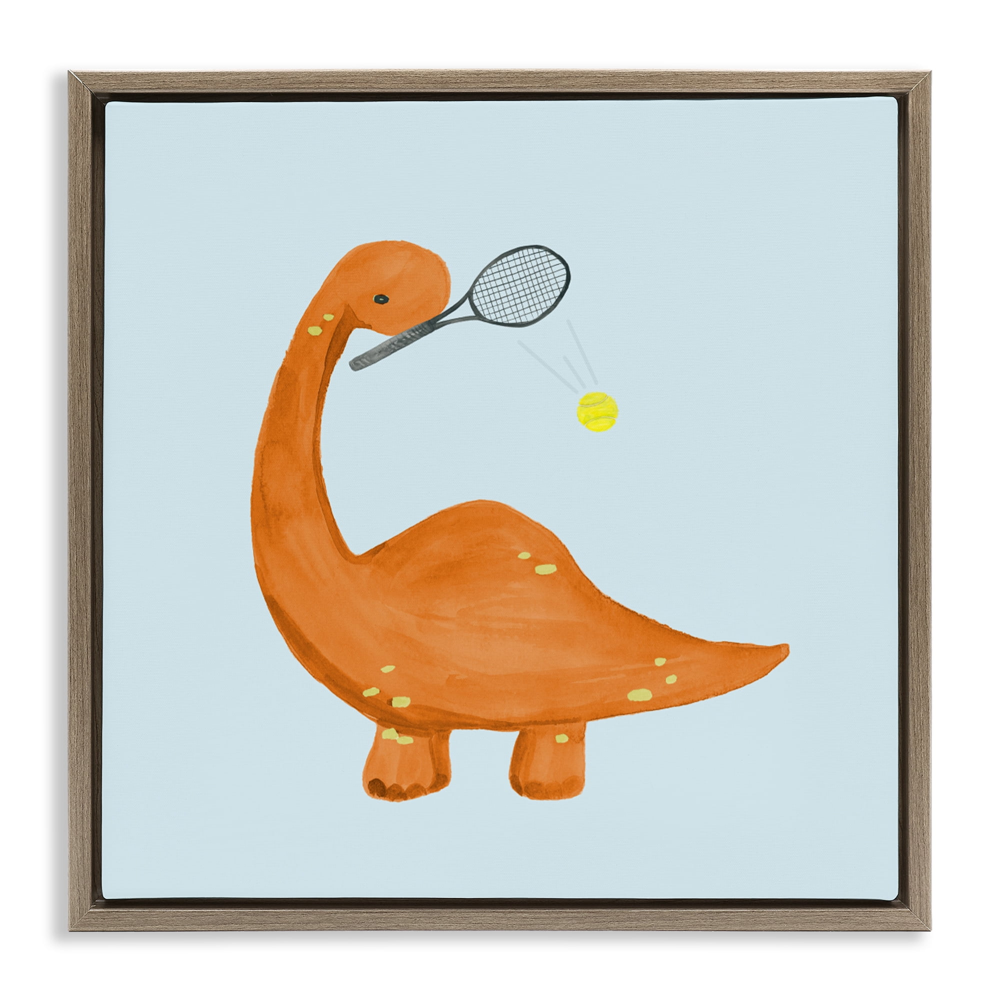 Stupell Industries Baby Dino Playing Tennis Brown Framed Floater Canvas Wall Art, design by Lucille Price