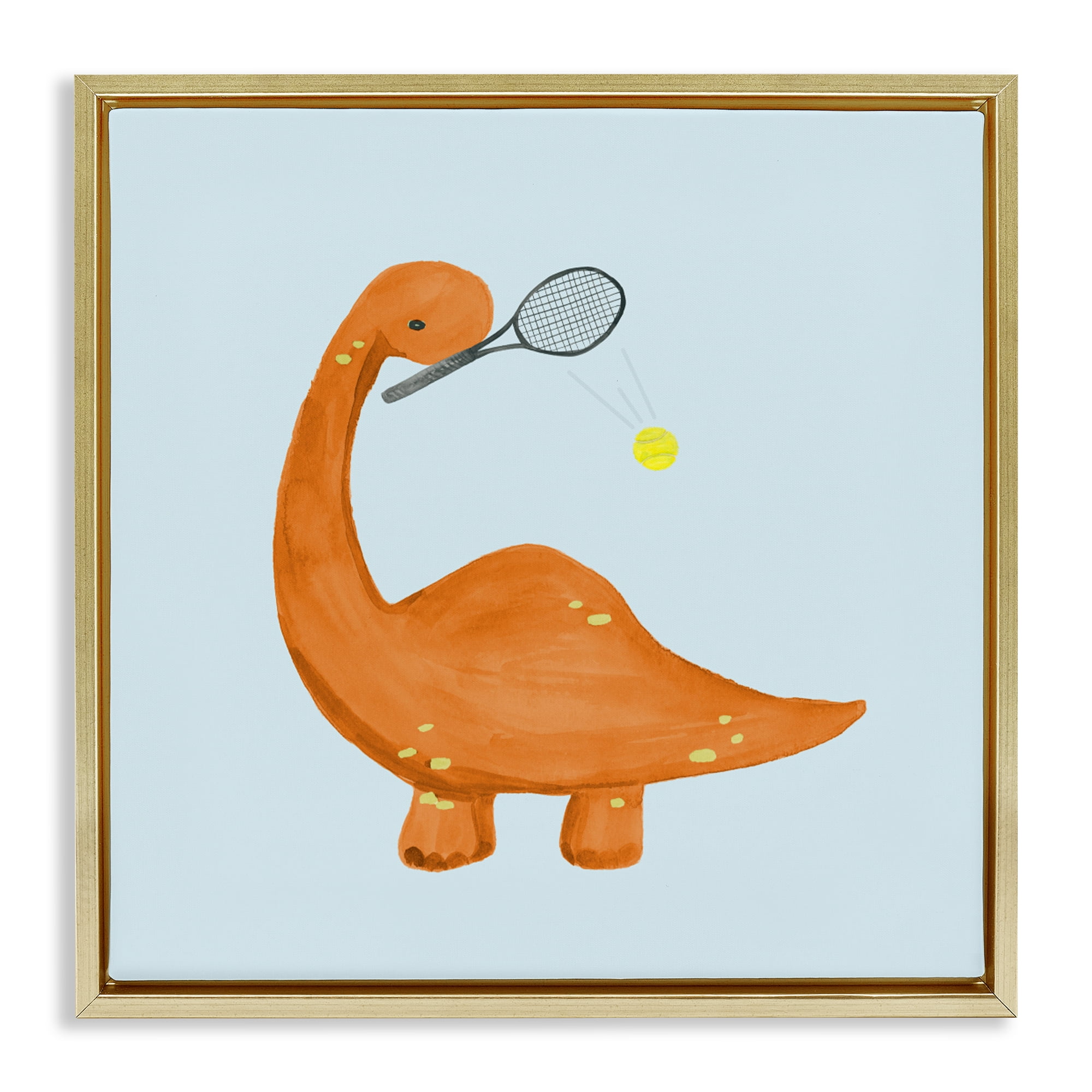 Stupell Industries Baby Dino Playing Tennis Gold Framed Floater Canvas Wall Art, design by Lucille Price