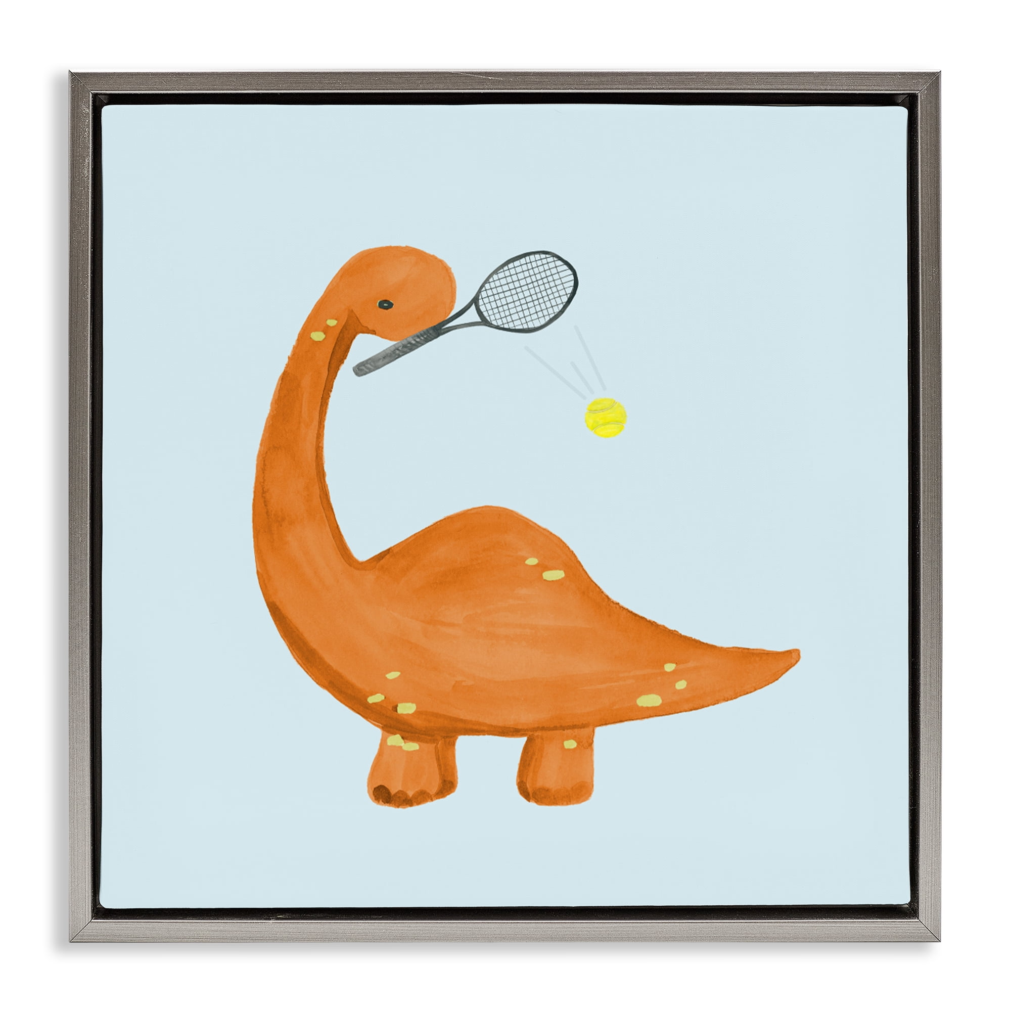 Stupell Industries Baby Dino Playing Tennis Gray Framed Floater Canvas Wall Art, design by Lucille Price